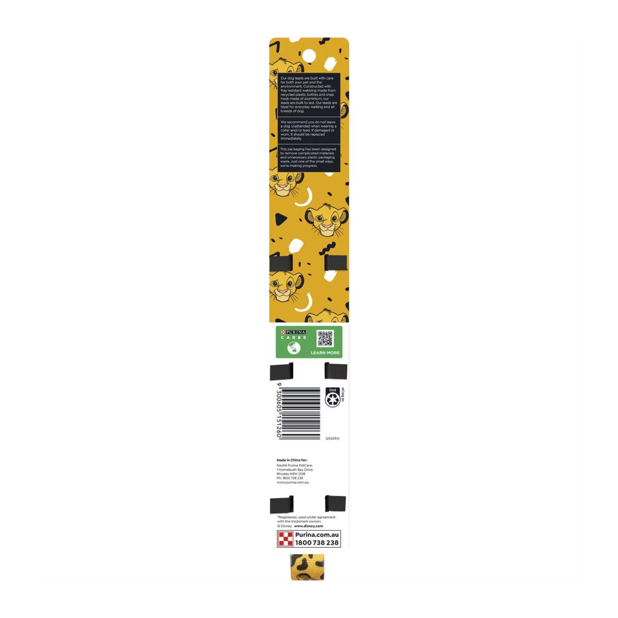 Rear view of the Lion King Dog Lead packaging featuring red and purple design
