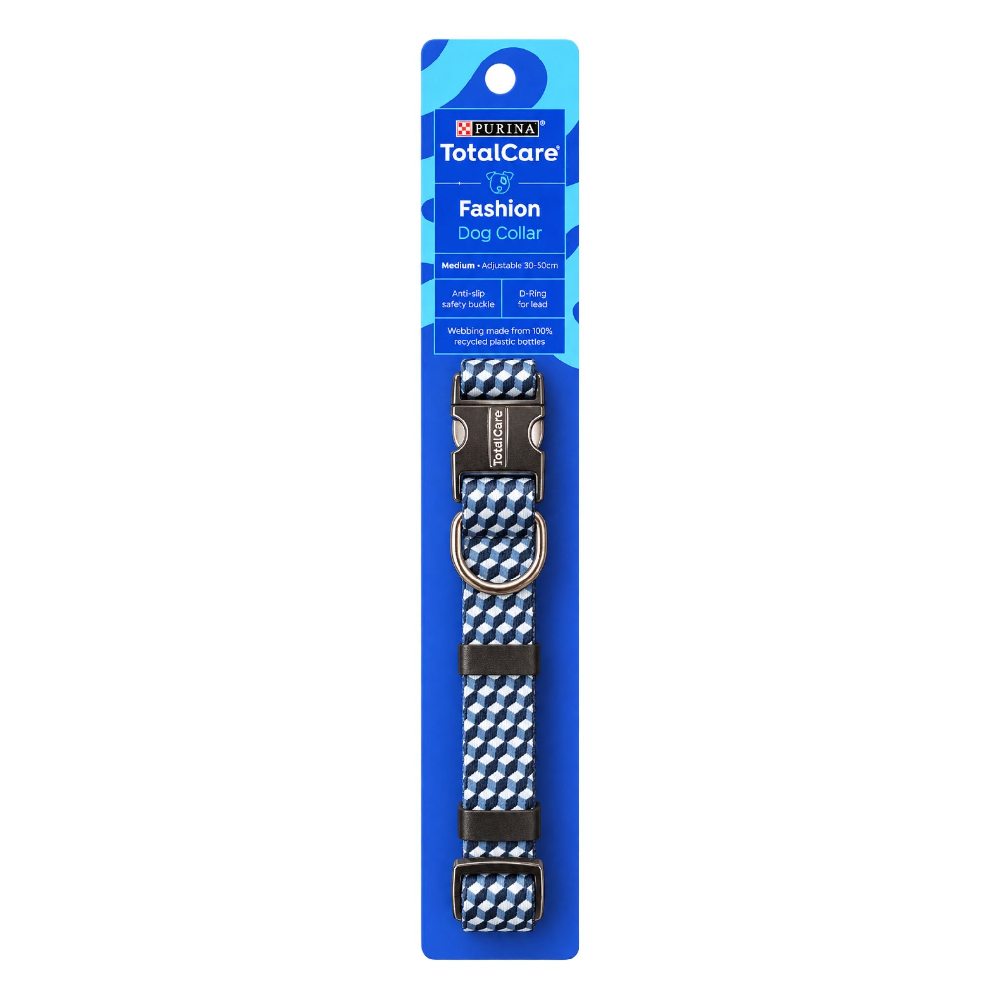 Purina TotalCare for Fashion Dog Collar, featuring a blue and white patterned strap with black hardware, presented on its original blue retail packaging card against a white background.