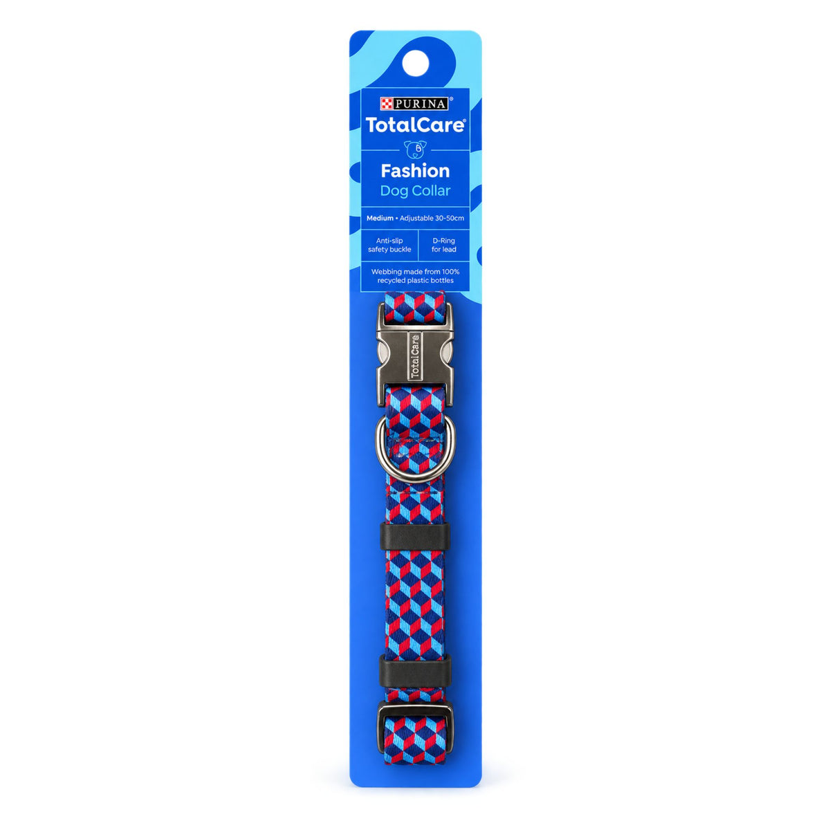 Purina TotalCare for Fashion Bag Collars dog collar in red, white, and blue patterned fabric with black plastic hardware, displayed on its blue retail packaging card against a white background.