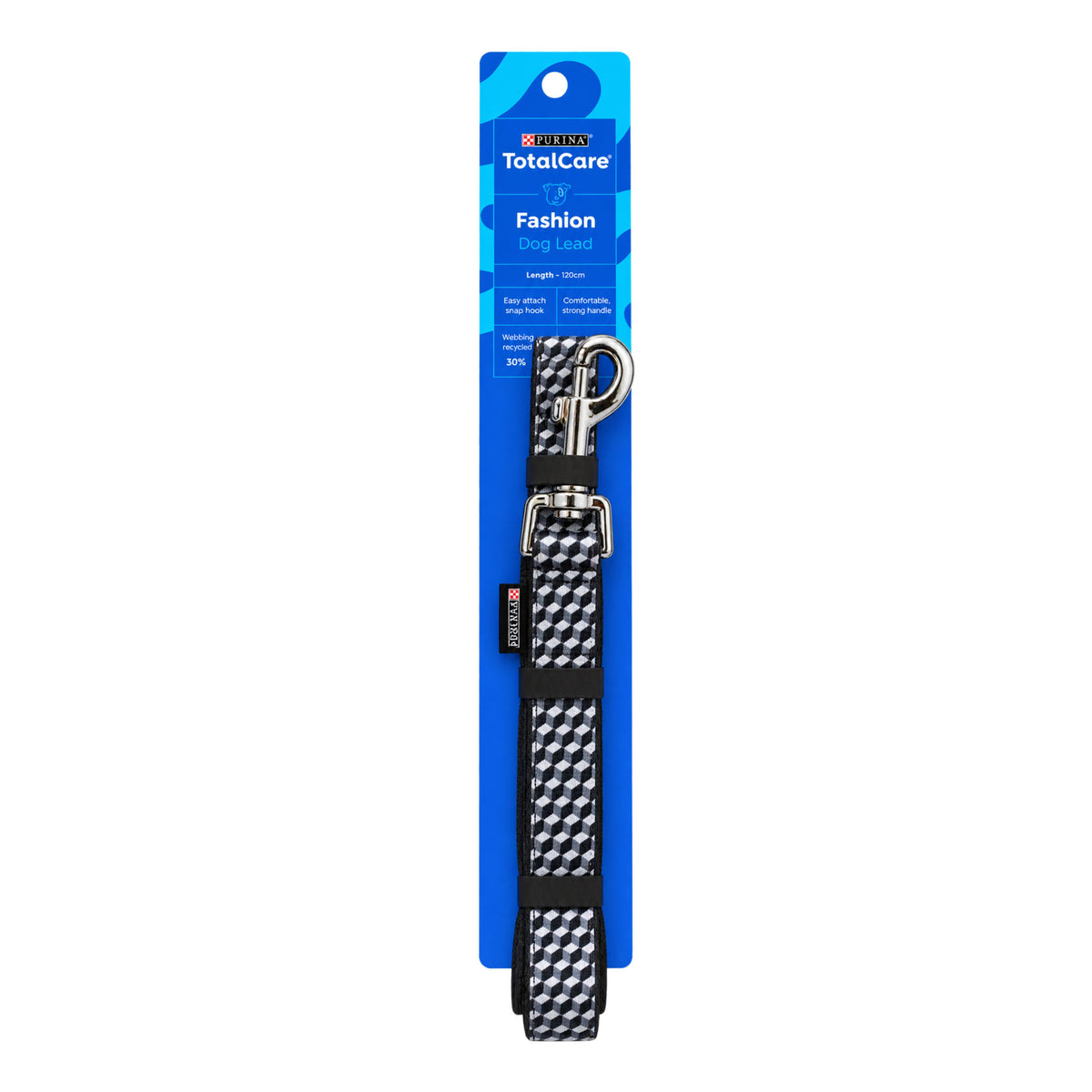A houndstooth patterned dog leash with silver metal hardware, attached to a blue TotalCare brand retail card, shown against a plain white background.
