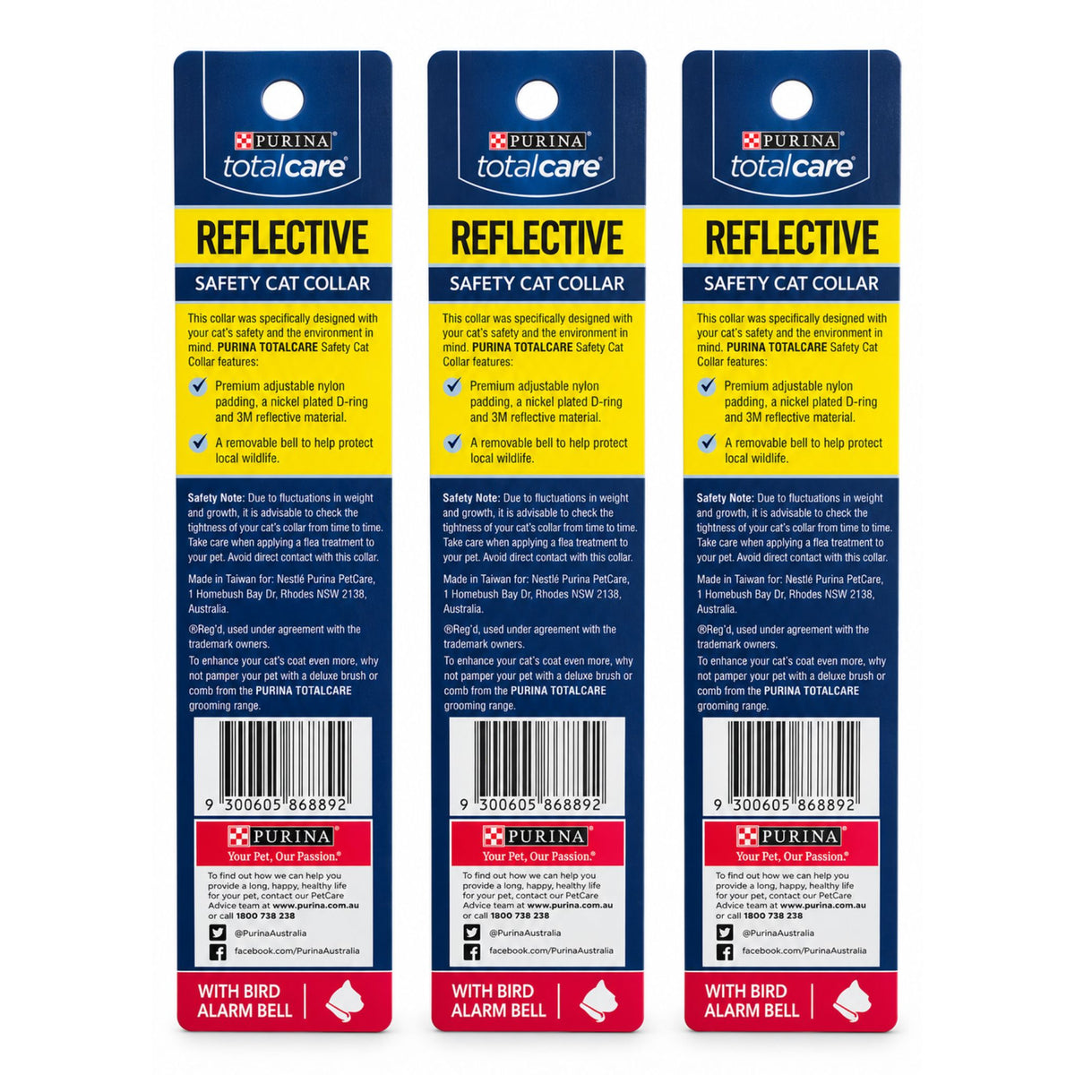 Three identical packages of Purina Total Care Reflective Safety Cat Collars shown side-by-side, displaying the back of the packaging with product details, barcodes, and text.
