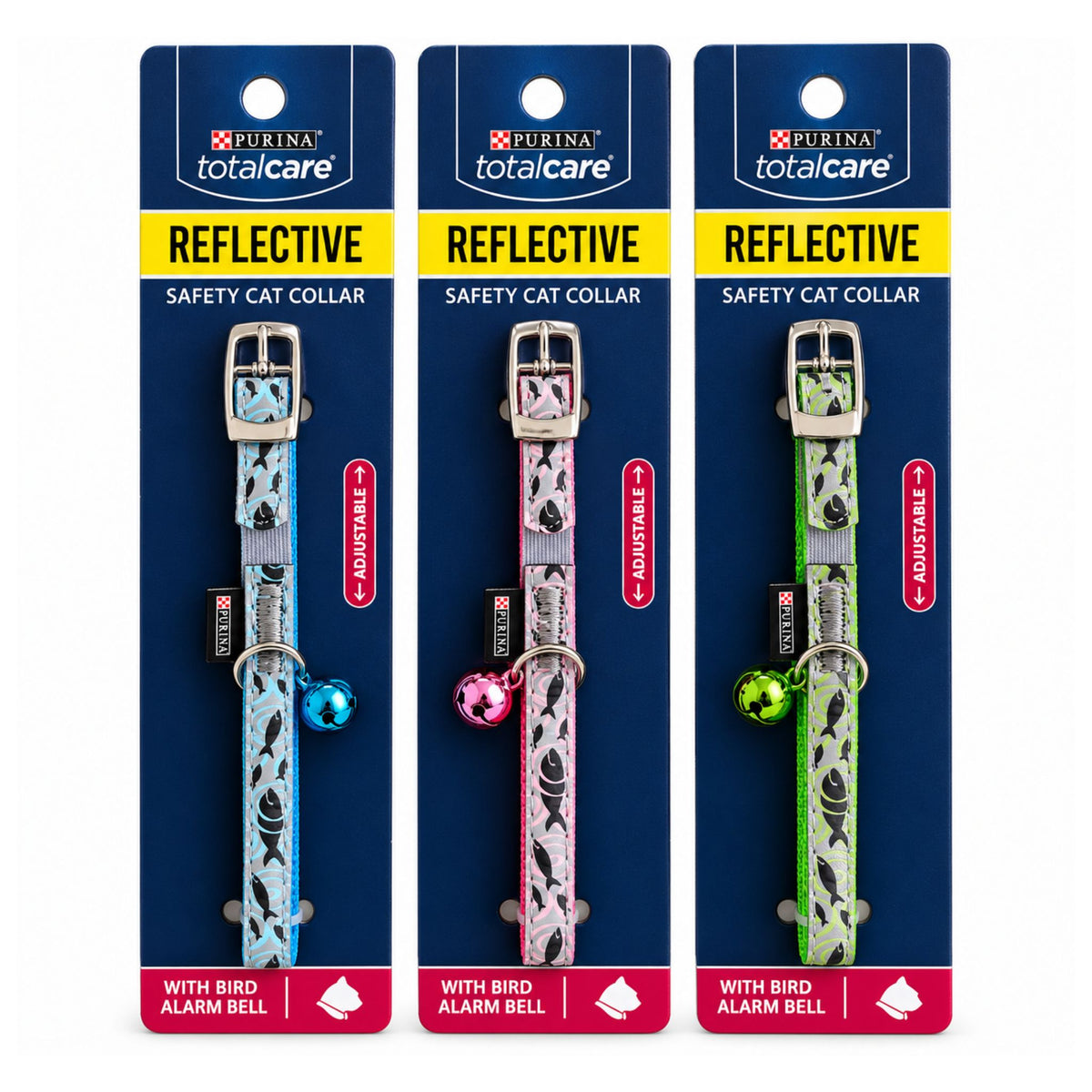 Three Purina totalcare Reflective Safety Cat Collars in different colors (blue, pink, and green) on their original retail packaging cards.