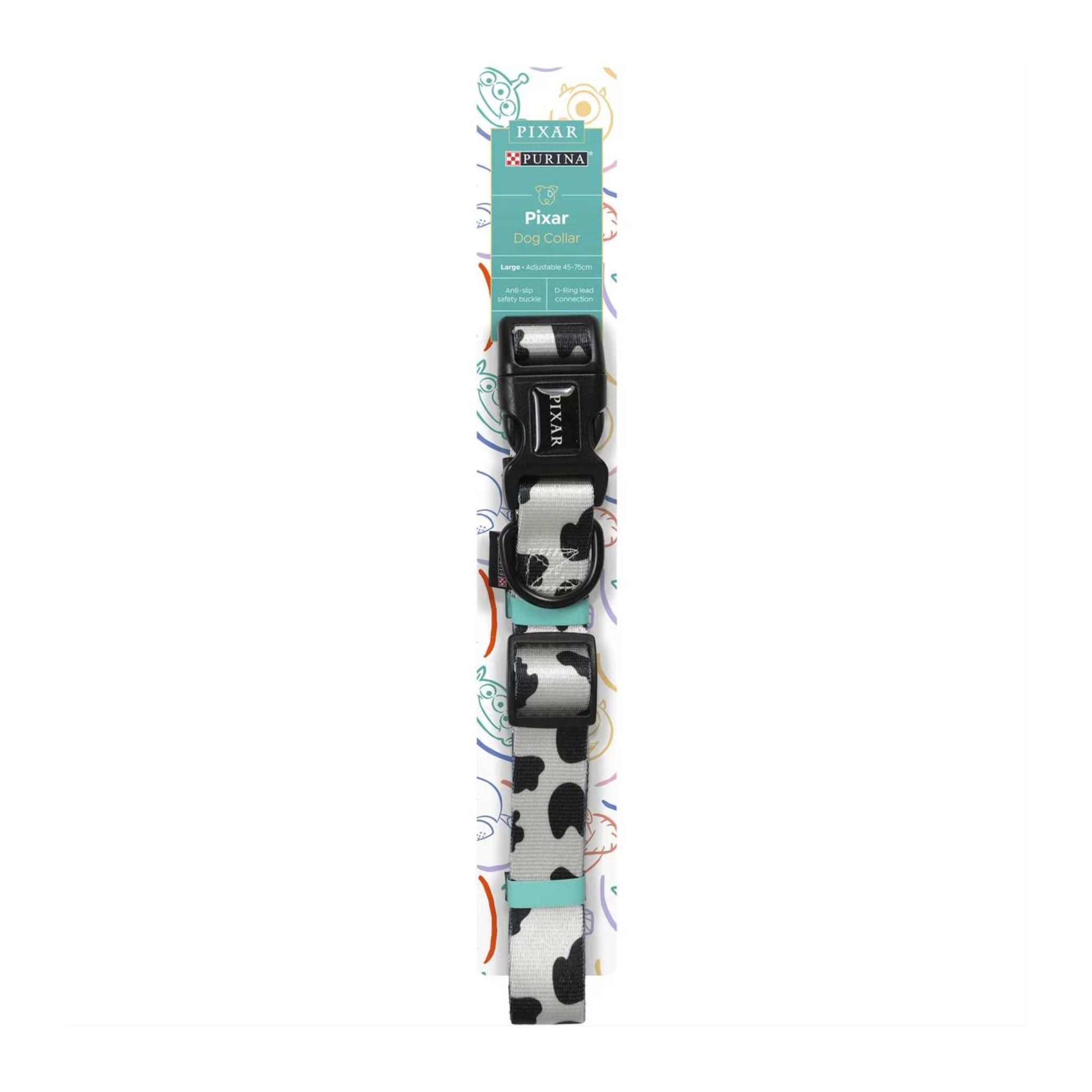 Front view of Purina Total Care Pixar dog collar in large size with character print