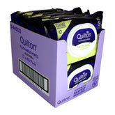 Box of Quilton flushable wipes with purple packaging and visible branding.