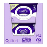 Pack of Quilton flushable wipes with purple packaging on a white background
