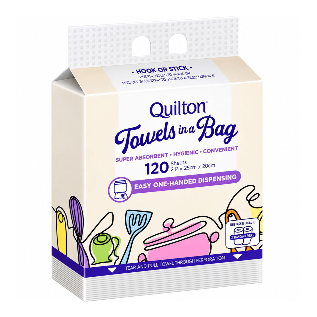 Quilton Towels in a Bag 120-sheet pack, featuring a cream-colored box with purple and blue text, and colorful illustrations of kitchen utensils on a white background.