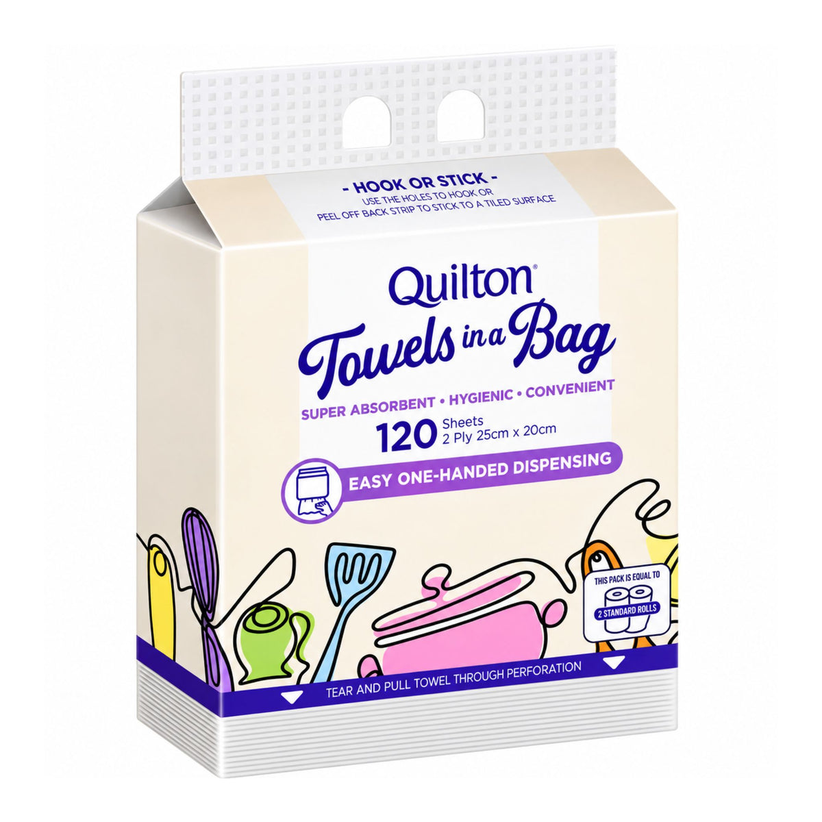Quilton Towels in a Bag 120-sheet pack, featuring a cream-colored box with purple and blue text and illustrations of kitchen utensils.