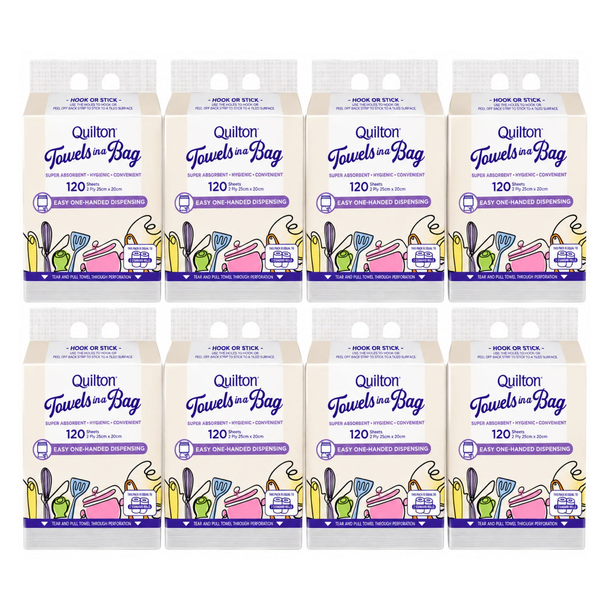 Eight packages of Quilton Towels in Bag baby disposable diapers arranged in a 2x4 grid on a white background.