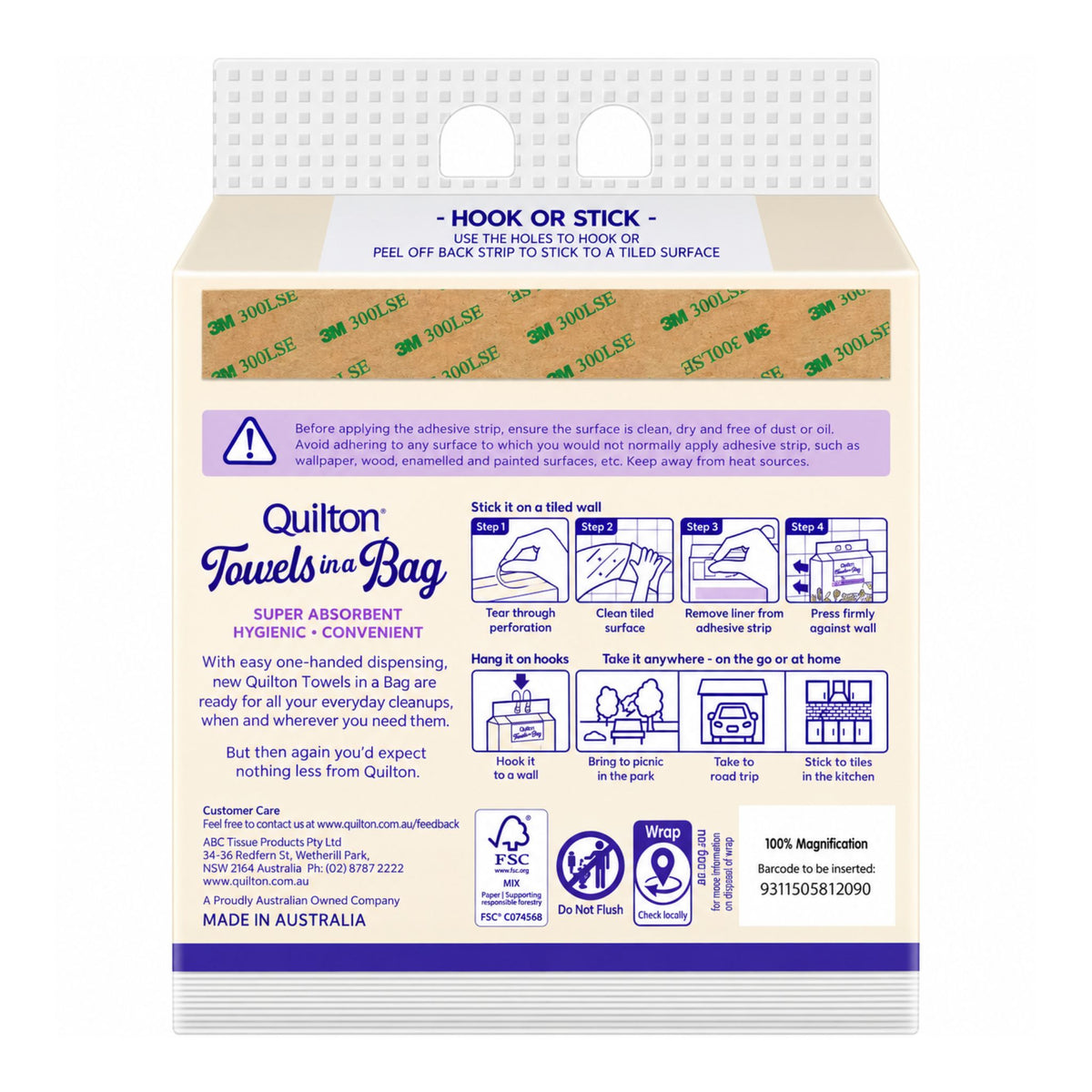 A package of Quilton Towels in a Bag, showing the front and back of the box. The packaging is white with purple and green accents, featuring product details, instructions, and a sample of the absorbent paper towels visible through a clear window at the top.