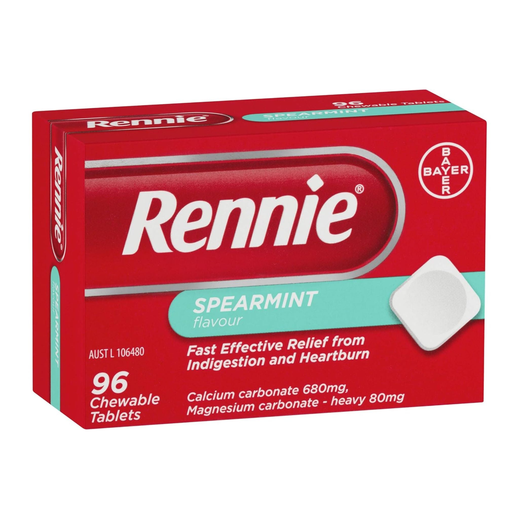 Angled view of Rennie Spearmint 96 Chewable Tablets box