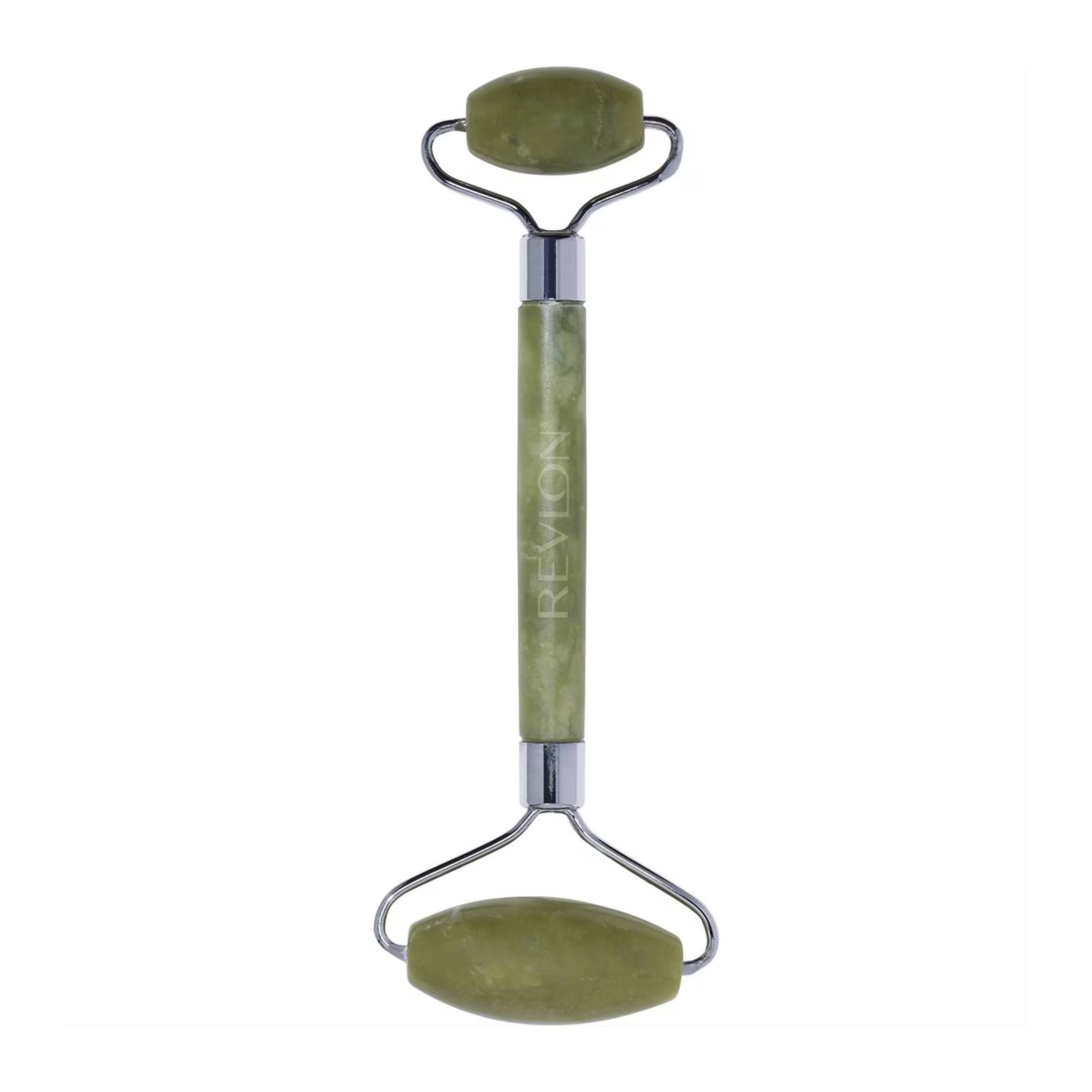 Green facial roller with silver accents on a white background