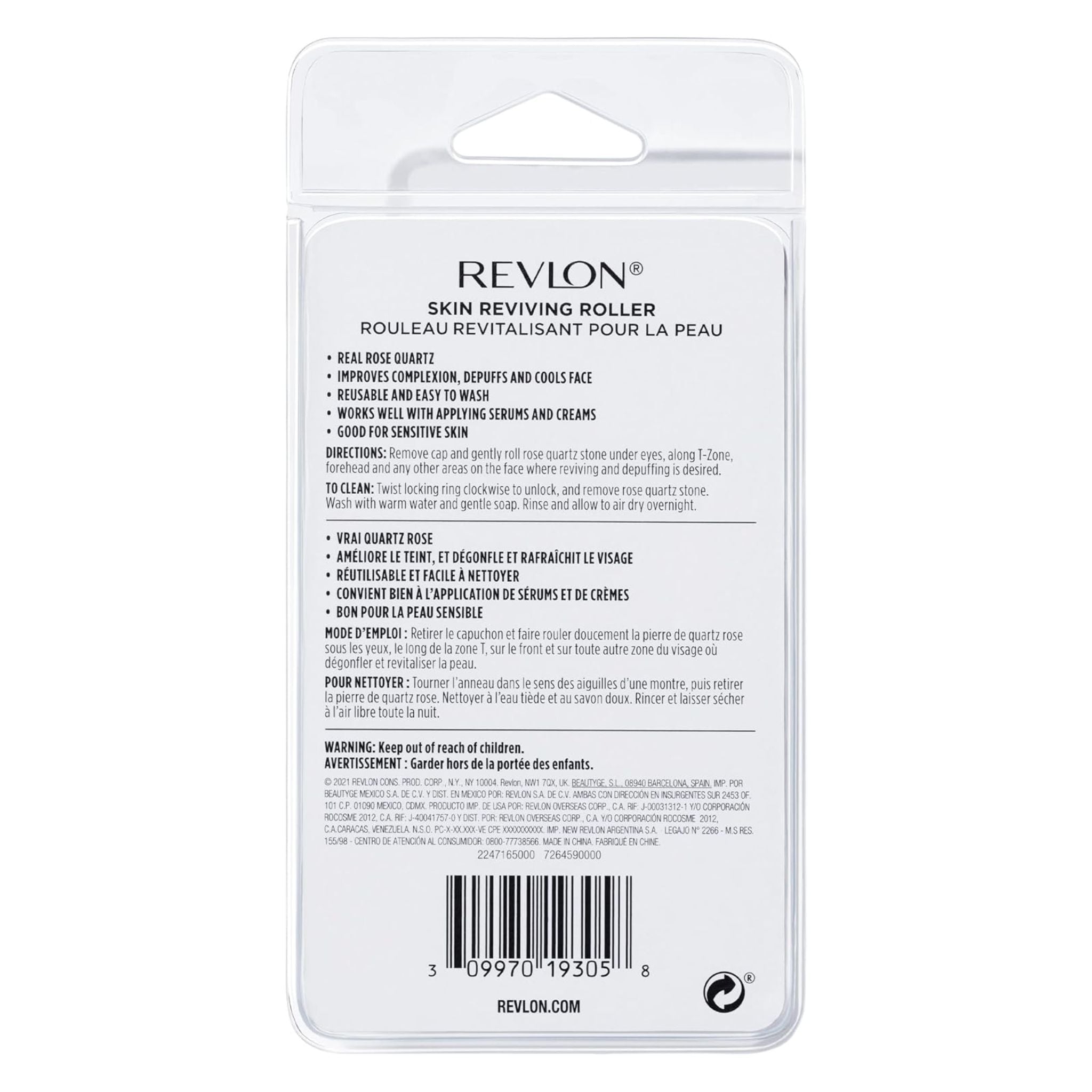 The back of a Revlon Skin Reviving Roller tube, showing product details, instructions, a barcode, and a circular recyclable symbol on a white background.
