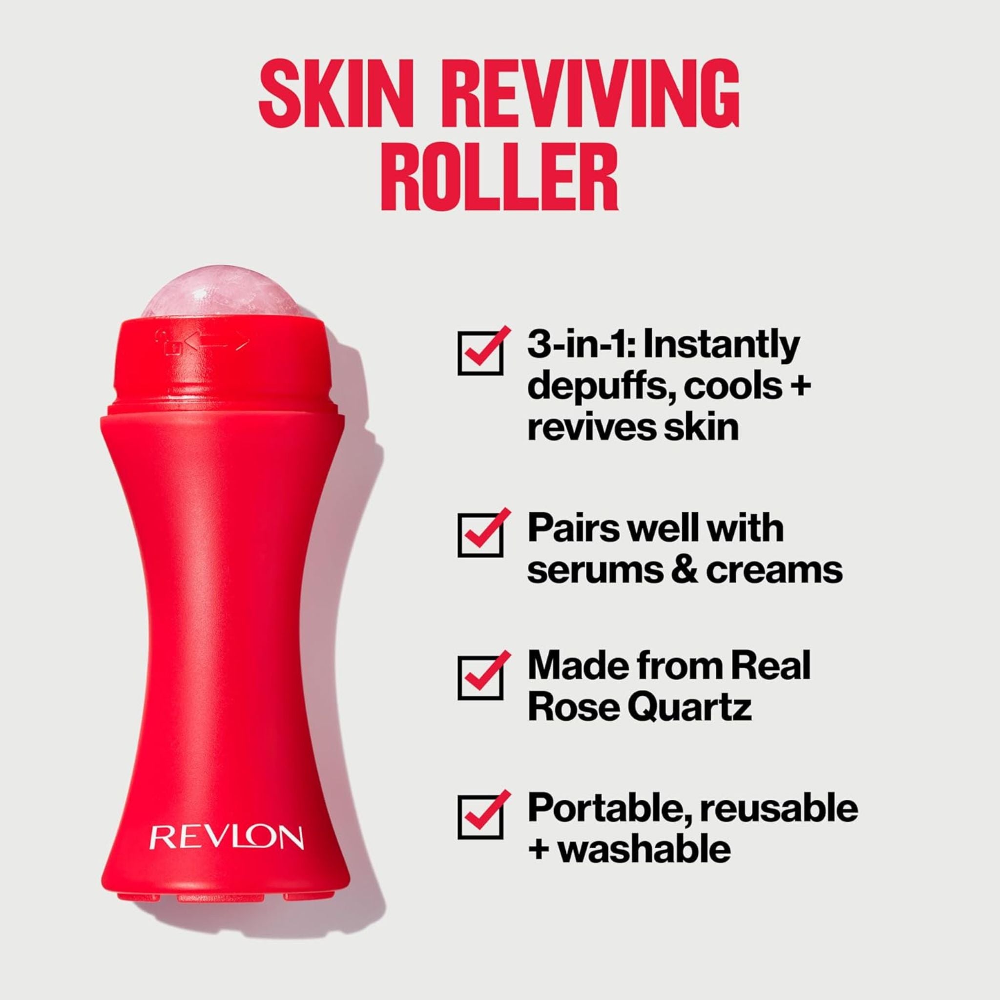 Red Revlon Skin Reviving Roller with a clear cap, shown next to product feature text on a light gray background.