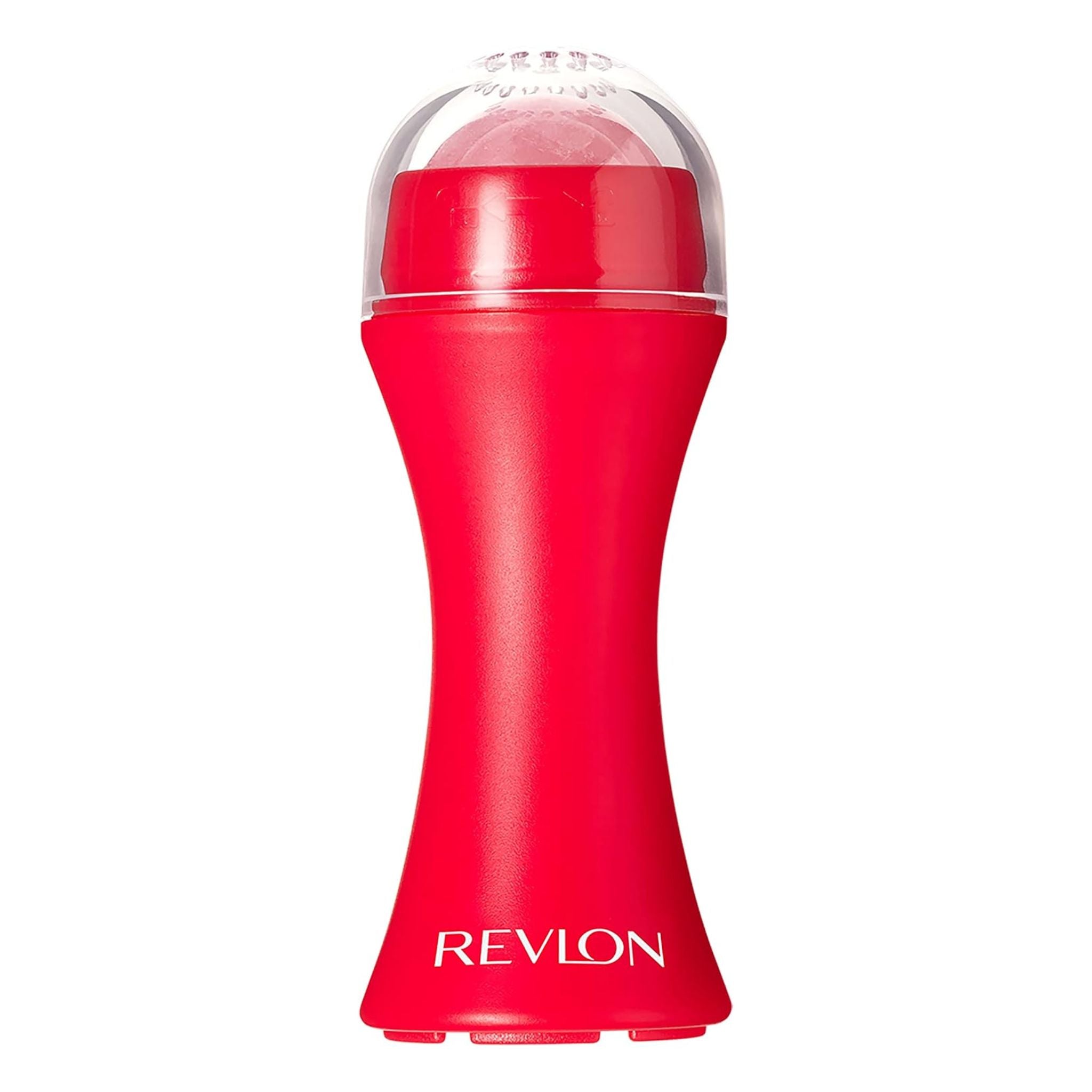 A red Revlon hair straightener brush attachment with a clear plastic dome and white Revlon branding on the base, shown against a plain white background.