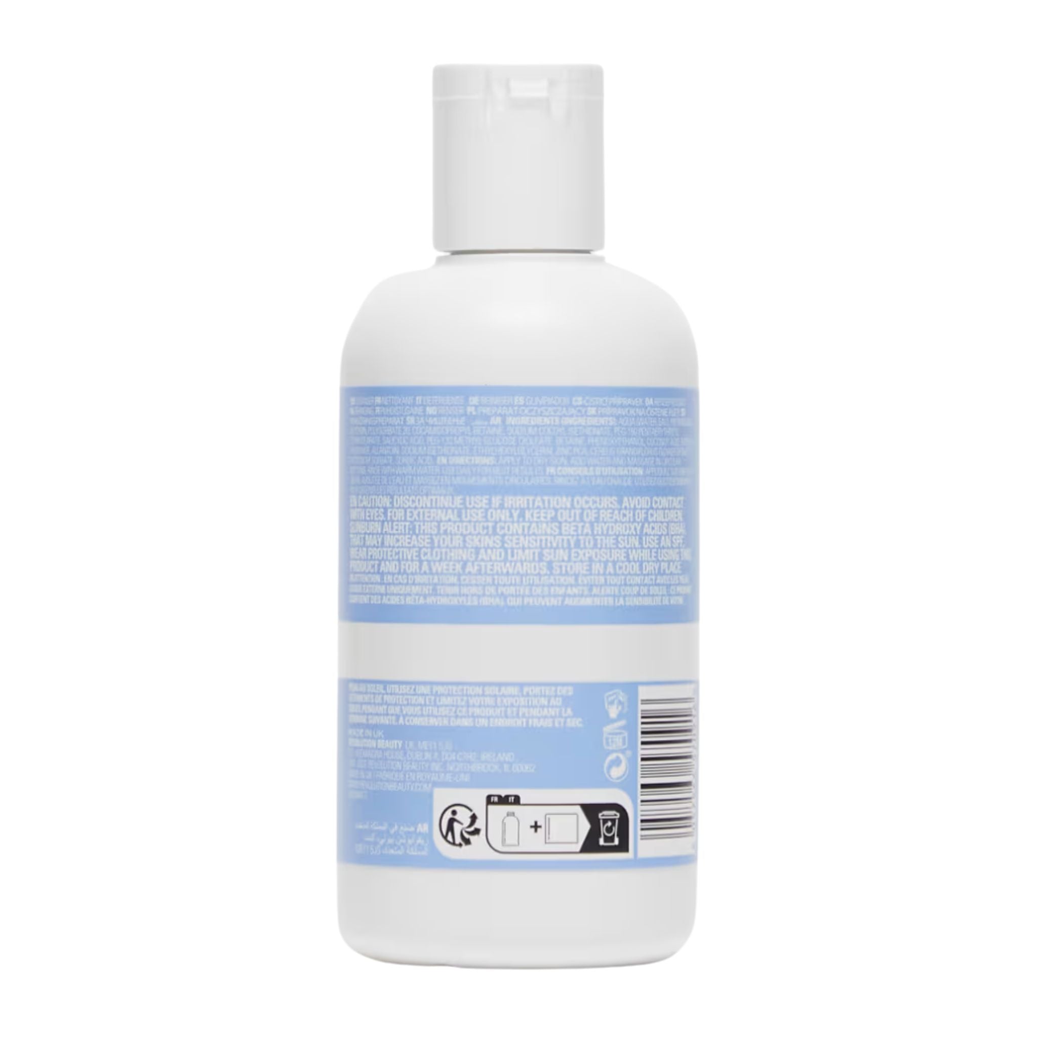White bottle with blue label on a white background