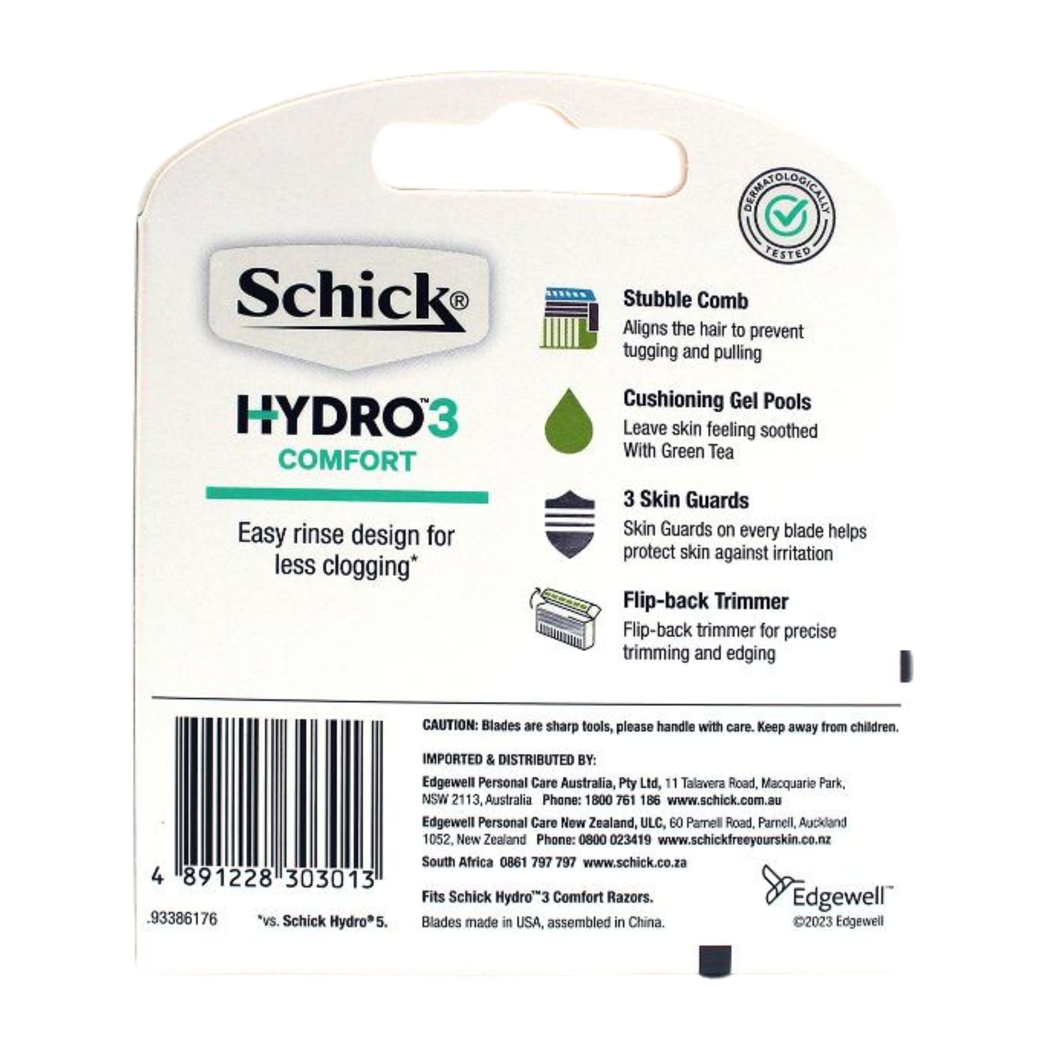 Schick Hydro3 Comfort razor blade packaging with features listed on a white background