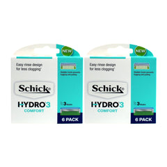 Two packages of Schick Hydro3 Comfort blades on a white background