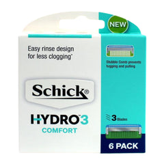 Schick Hydro3 Comfort packaging with 6 packs on a white background