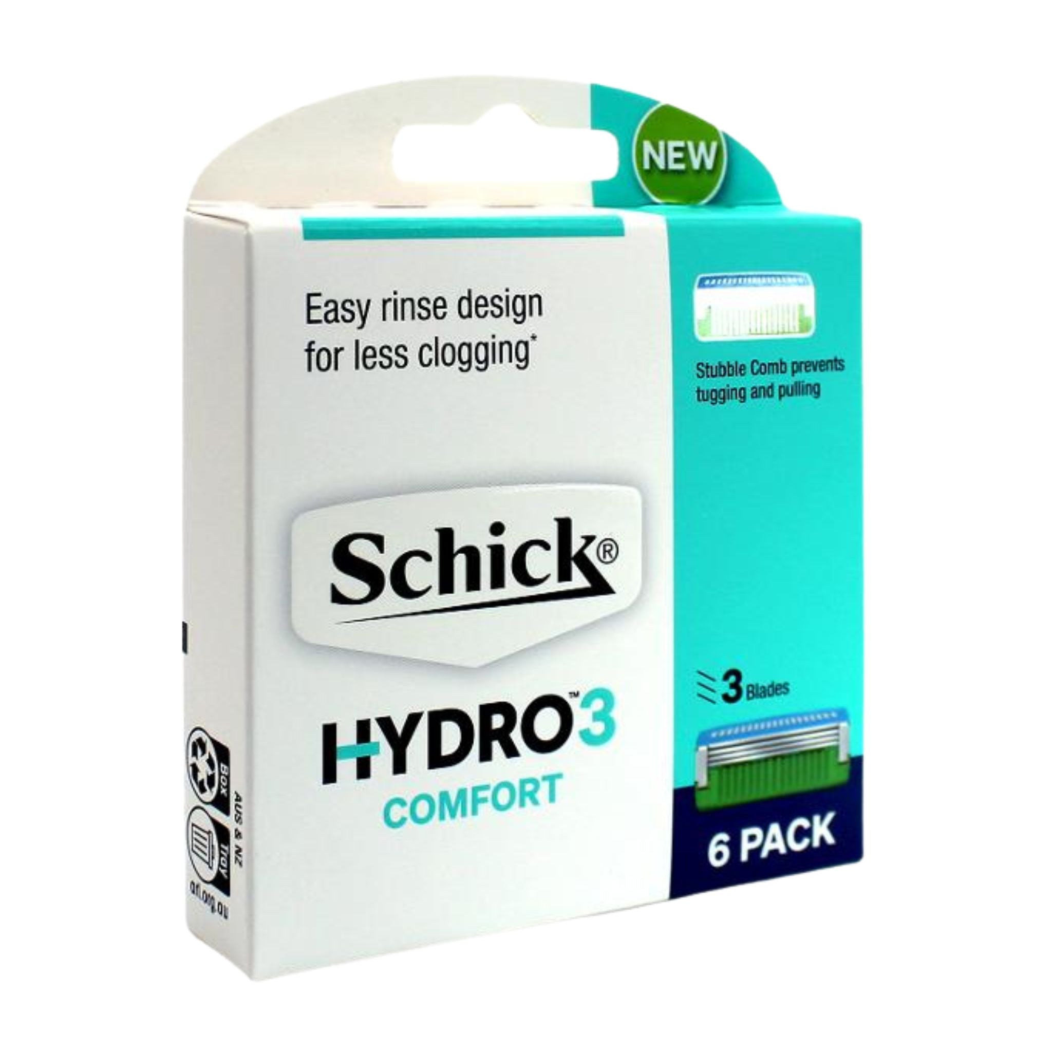 Schick Hydro3 Comfort packaging with 6 packs on a white background