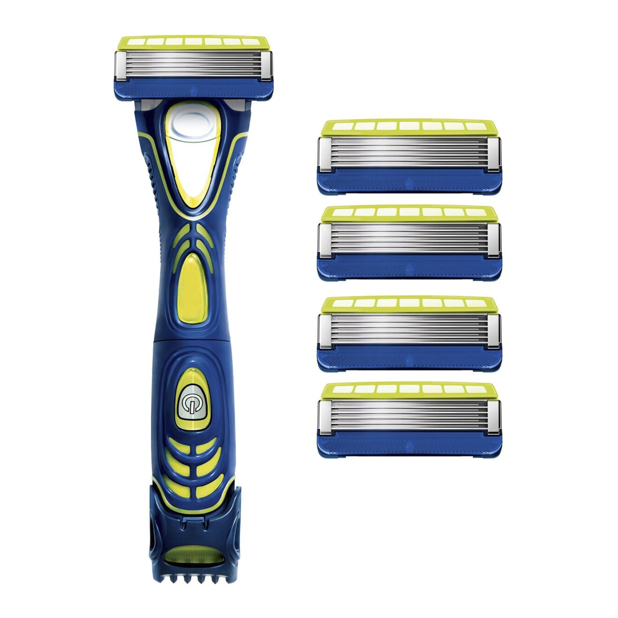 Blue and yellow razor with four additional razor heads on a white background