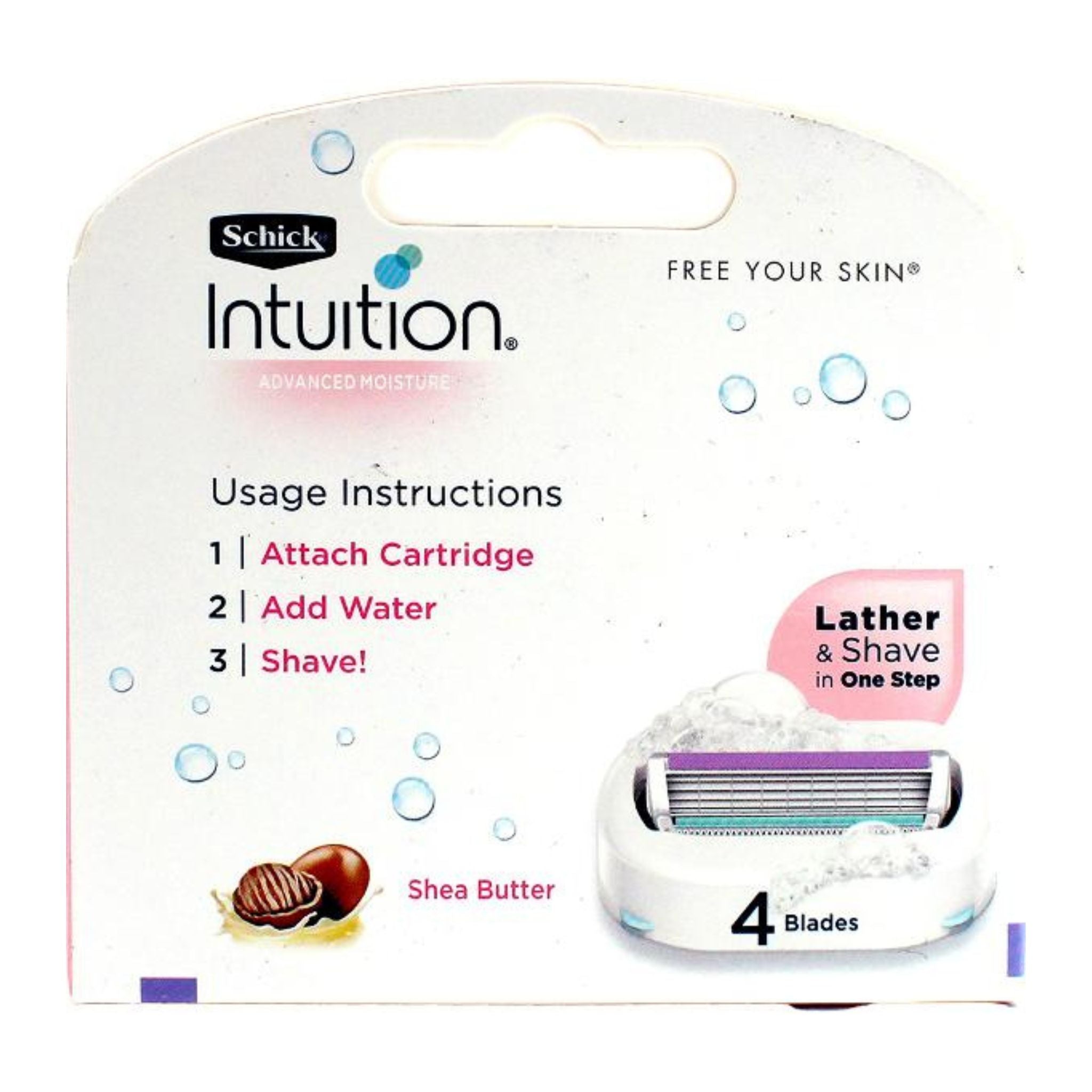 Schick Intuition razor packaging with usage instructions on a white background