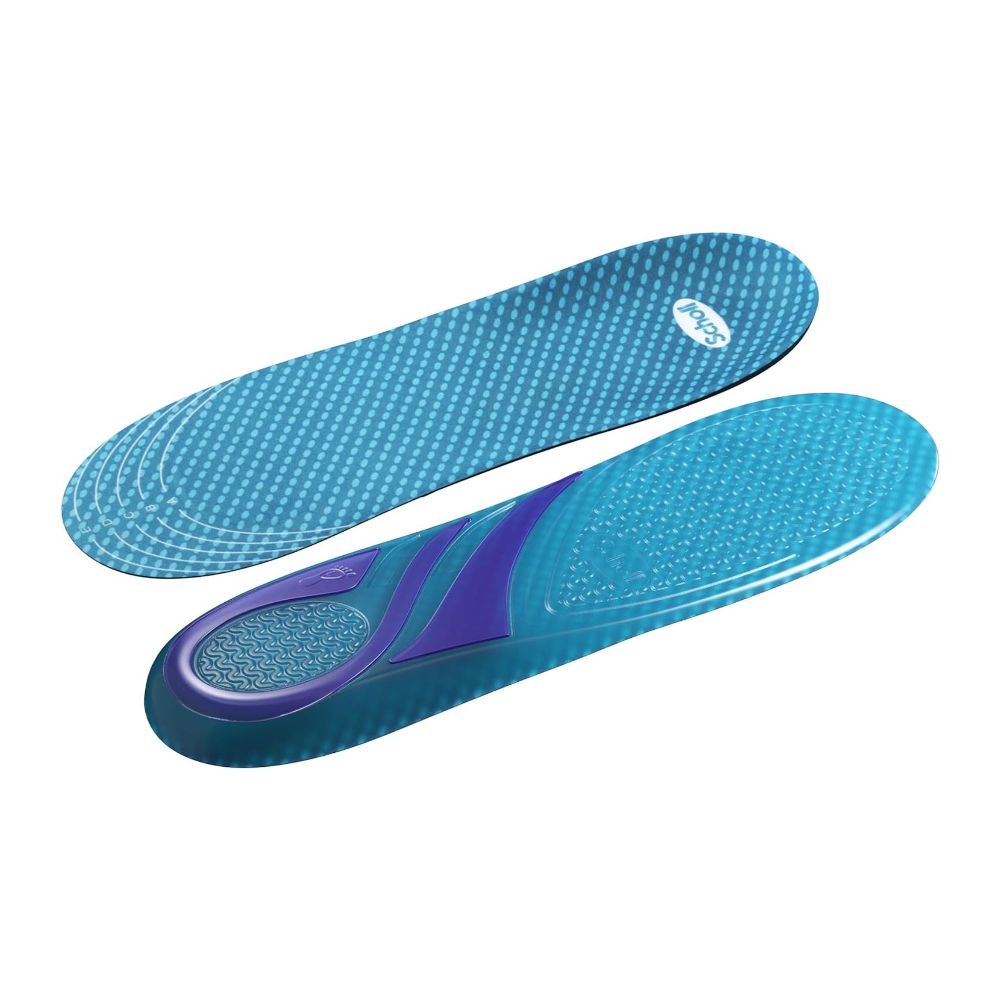 Blue shoe insoles with a textured surface on a white background