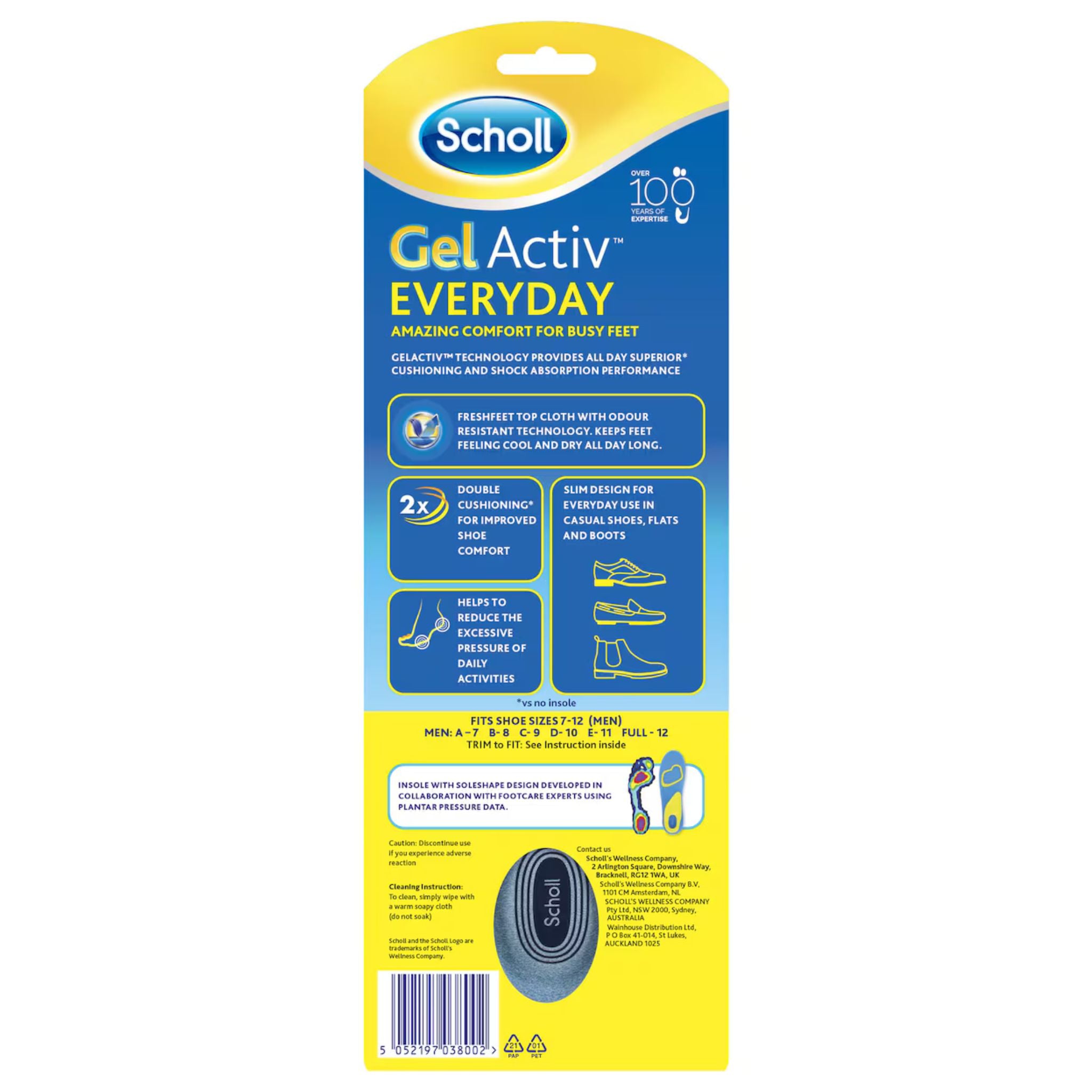 Scholl GelActiv Men’s Everyday Insoles Size 7–12 single pack back packaging details
