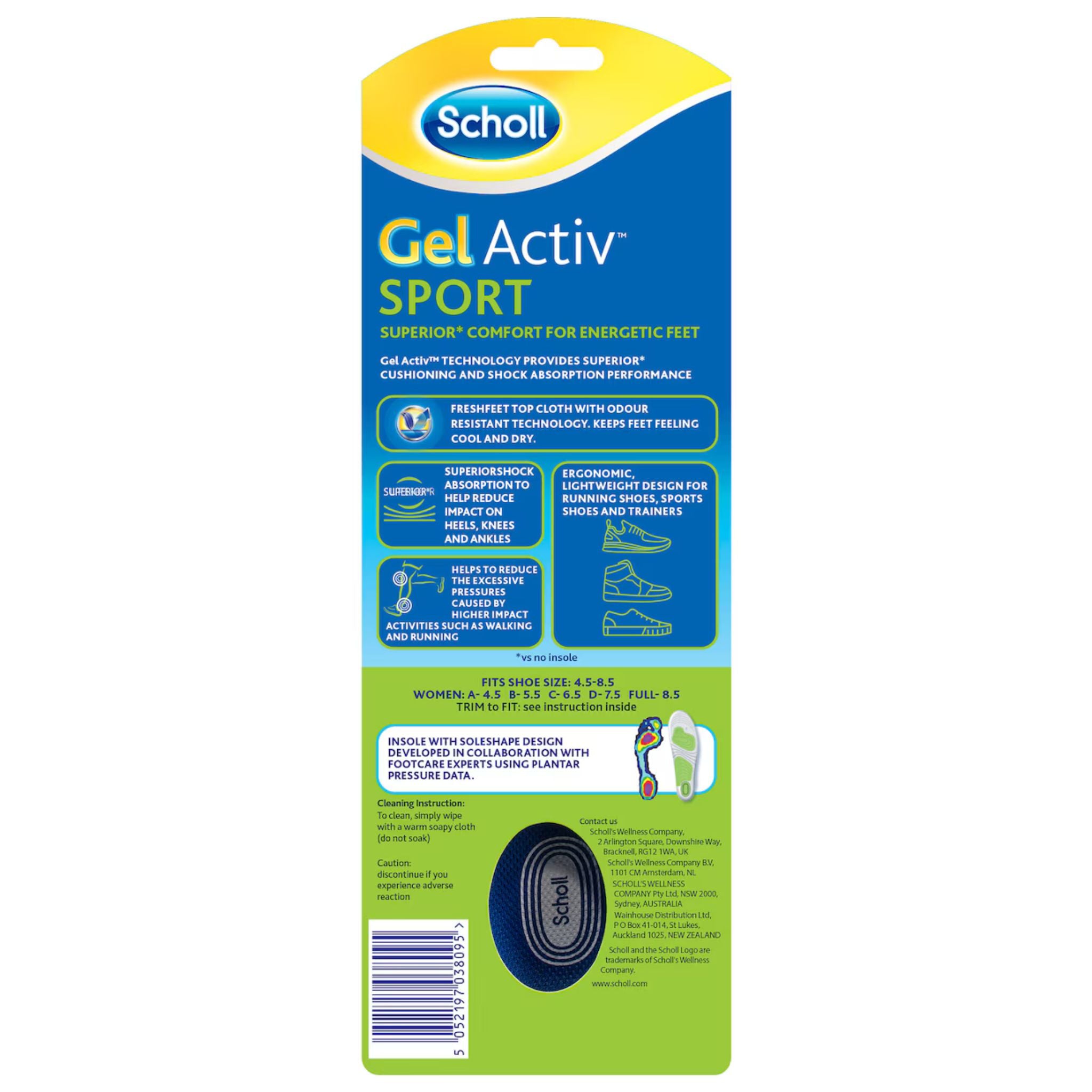 Scholl Gel Activ Sport Insole Women Single Pack Back View with Specifications