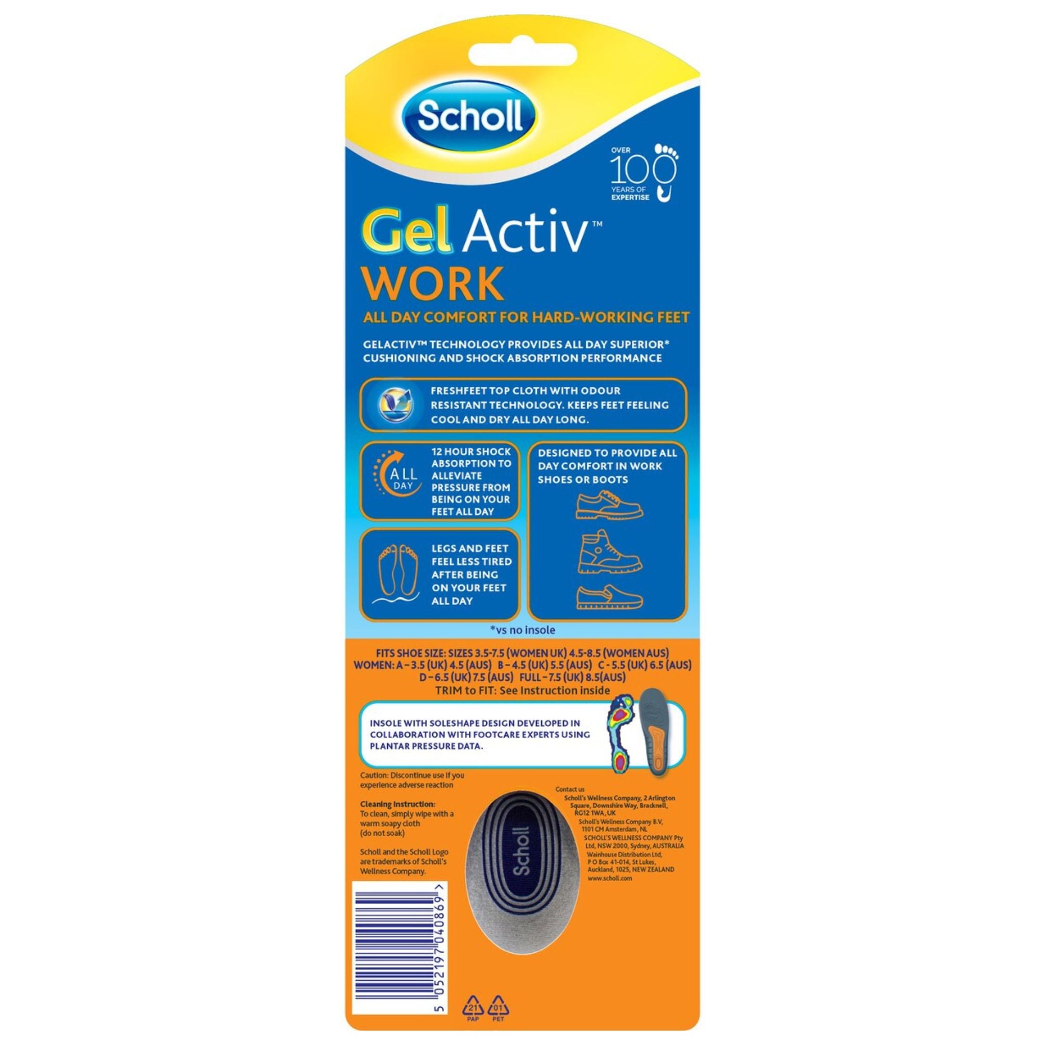 Scholl GelActiv Women’s Work Insoles Size 4.5–8.5 AUS single pack back packaging details