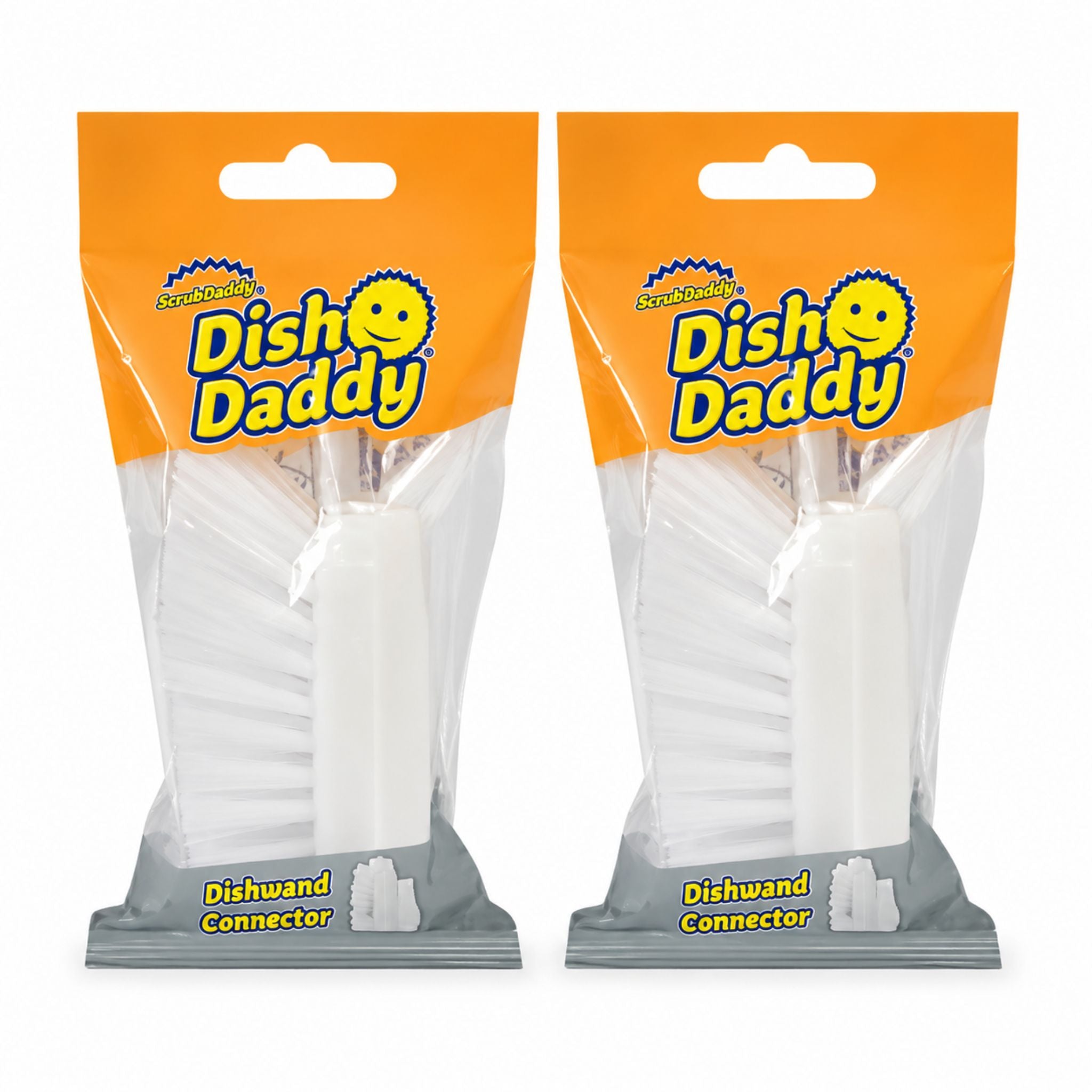 Two packaged sets of white dishwand connectors in clear plastic bags with orange and gray backing and the DishDaddy logo on the front.