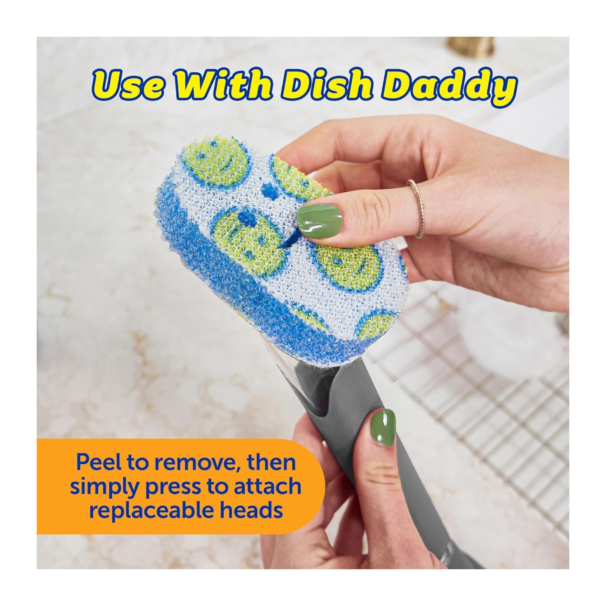Person holding a scrubber with replaceable heads, using text overlay for instructions.