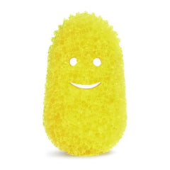 Yellow sponge with a smiley face on a white background