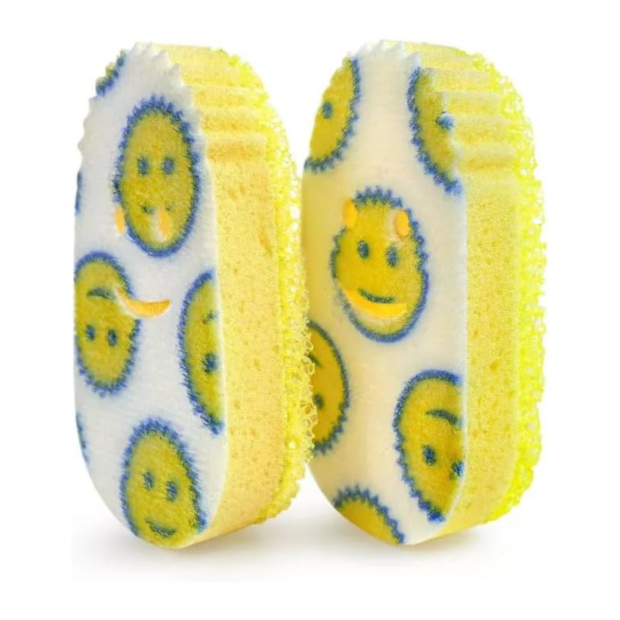 Two yellow sponges with smiley face patterns on a white background