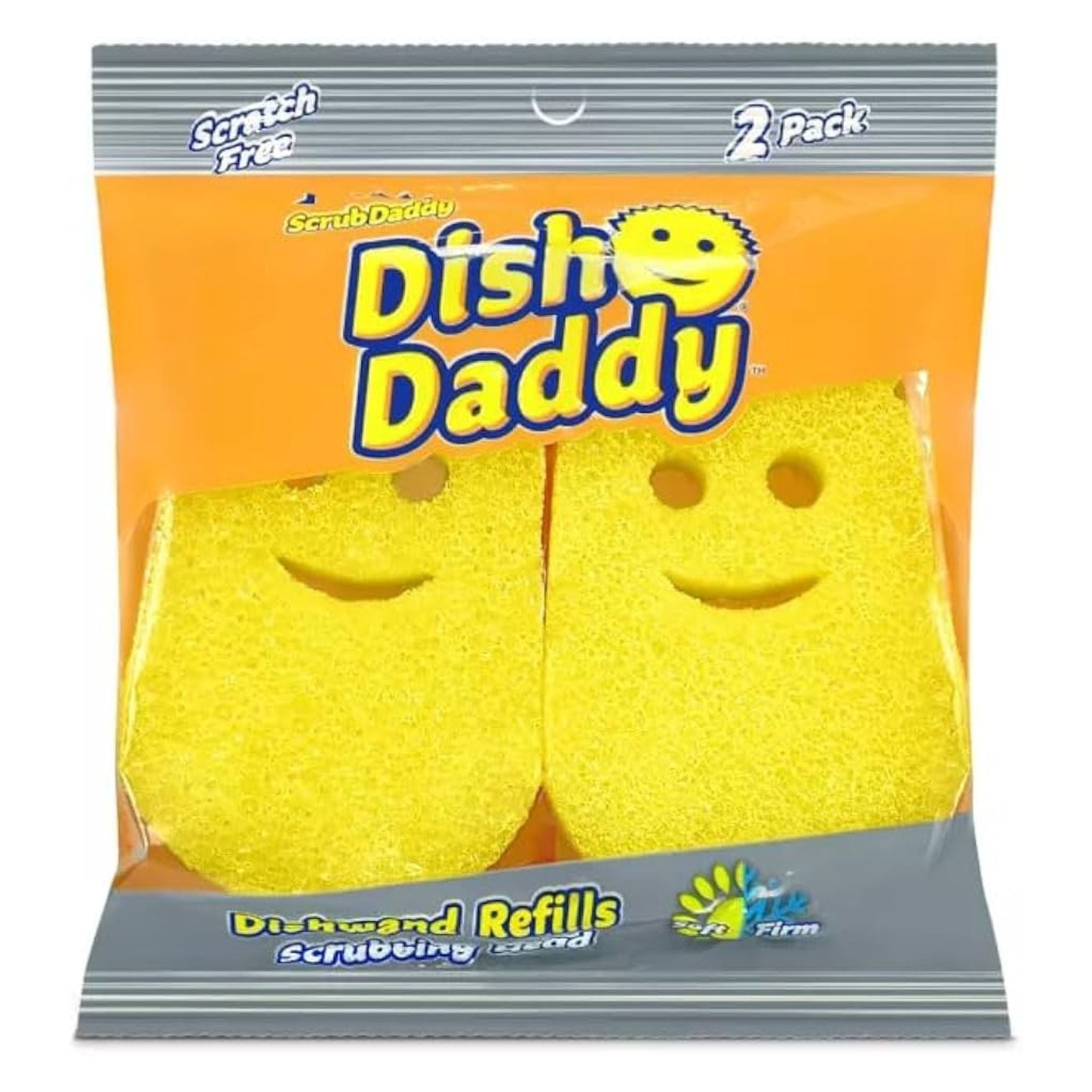 Scrub Daddy Dish Daddy Refills 2 Pack – front packaging with yellow smiley sponge heads