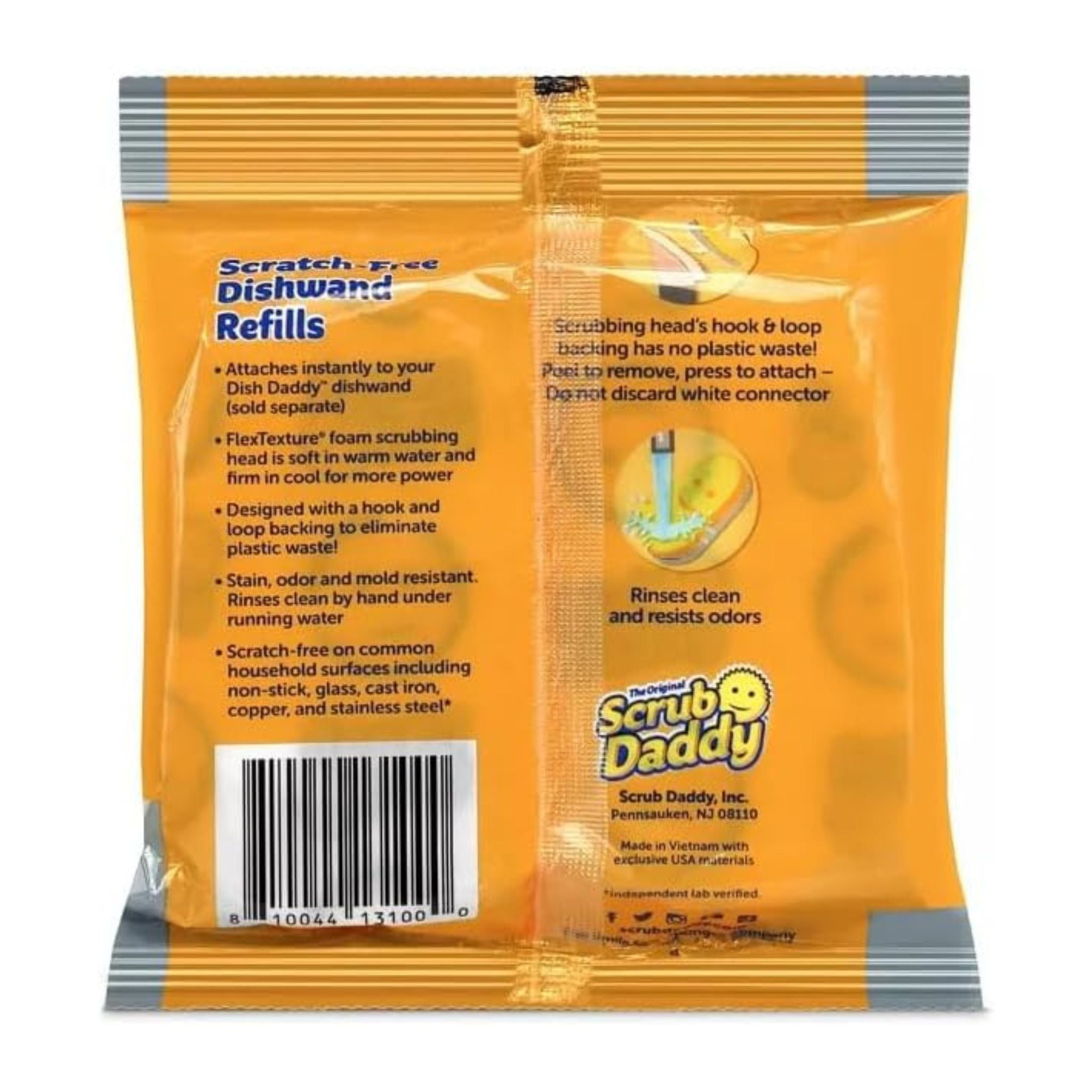 Orange packaging of Scrub Daddy refills with text and branding on a white background