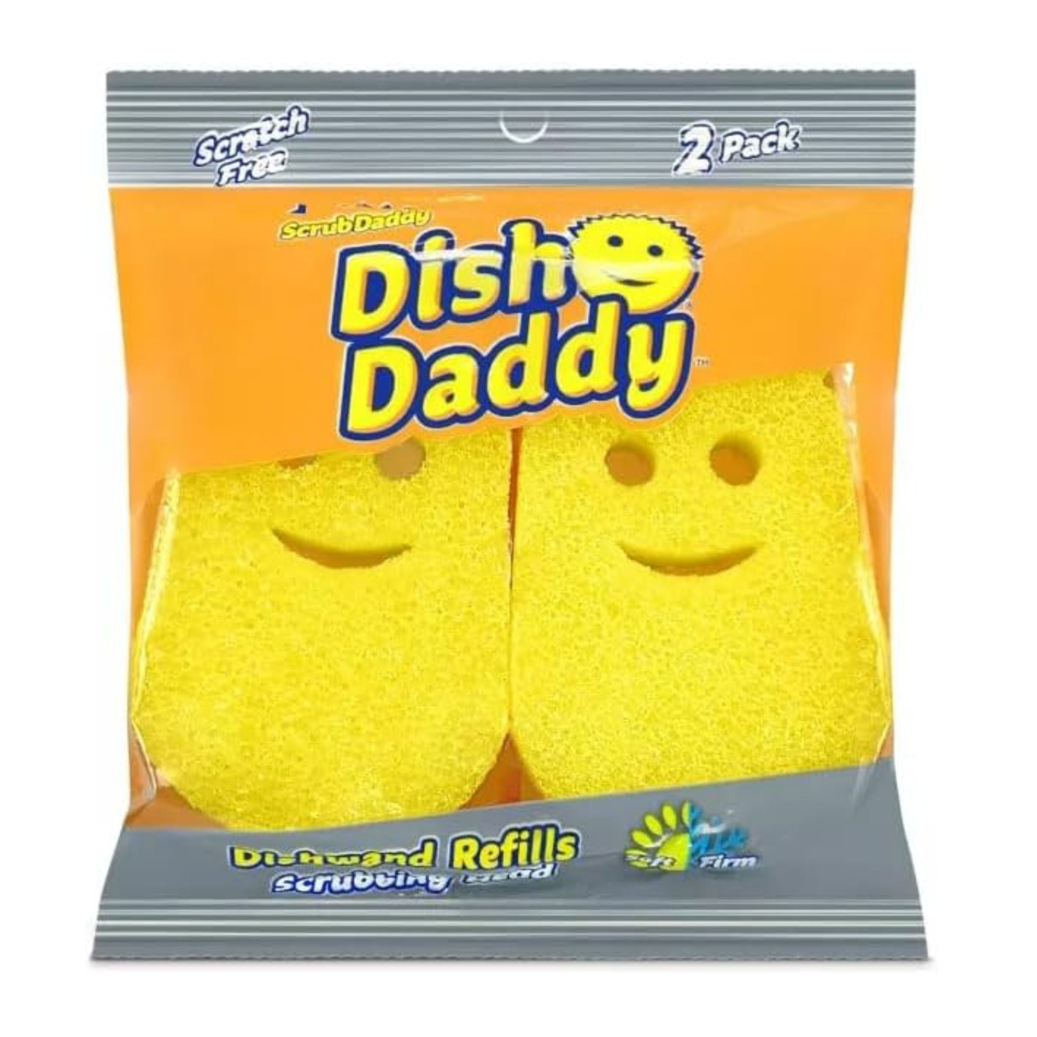 Pack of Dish Daddy sponges with a smiley face design on an orange background
