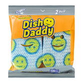Packaging of Dish Daddy dish sponges with a smiley face design on an orange background.