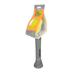 Dish Daddy cleaning tool with a yellow sponge on an orange and gray packaging background