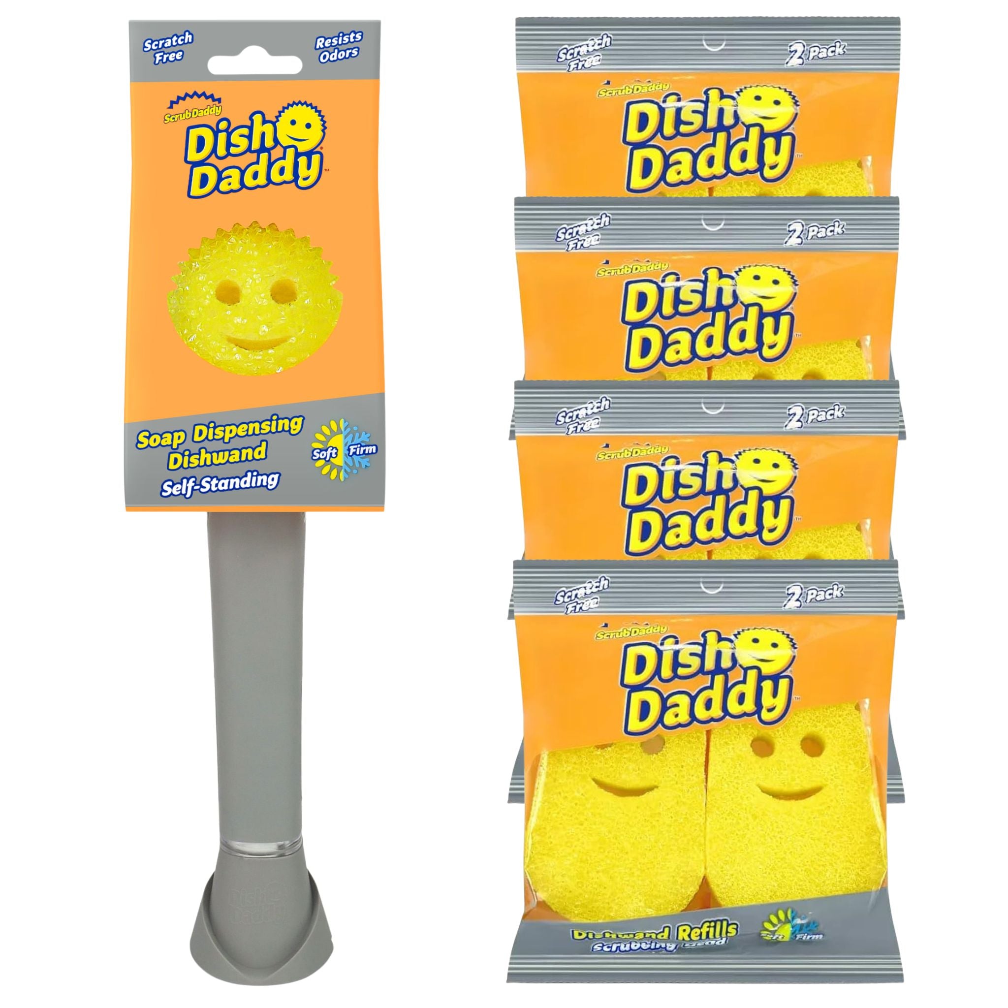 The image shows a Scrub Daddy Value Pack which includes a dishwashing sponge on a stand and multiple refill pads in individual packaging.