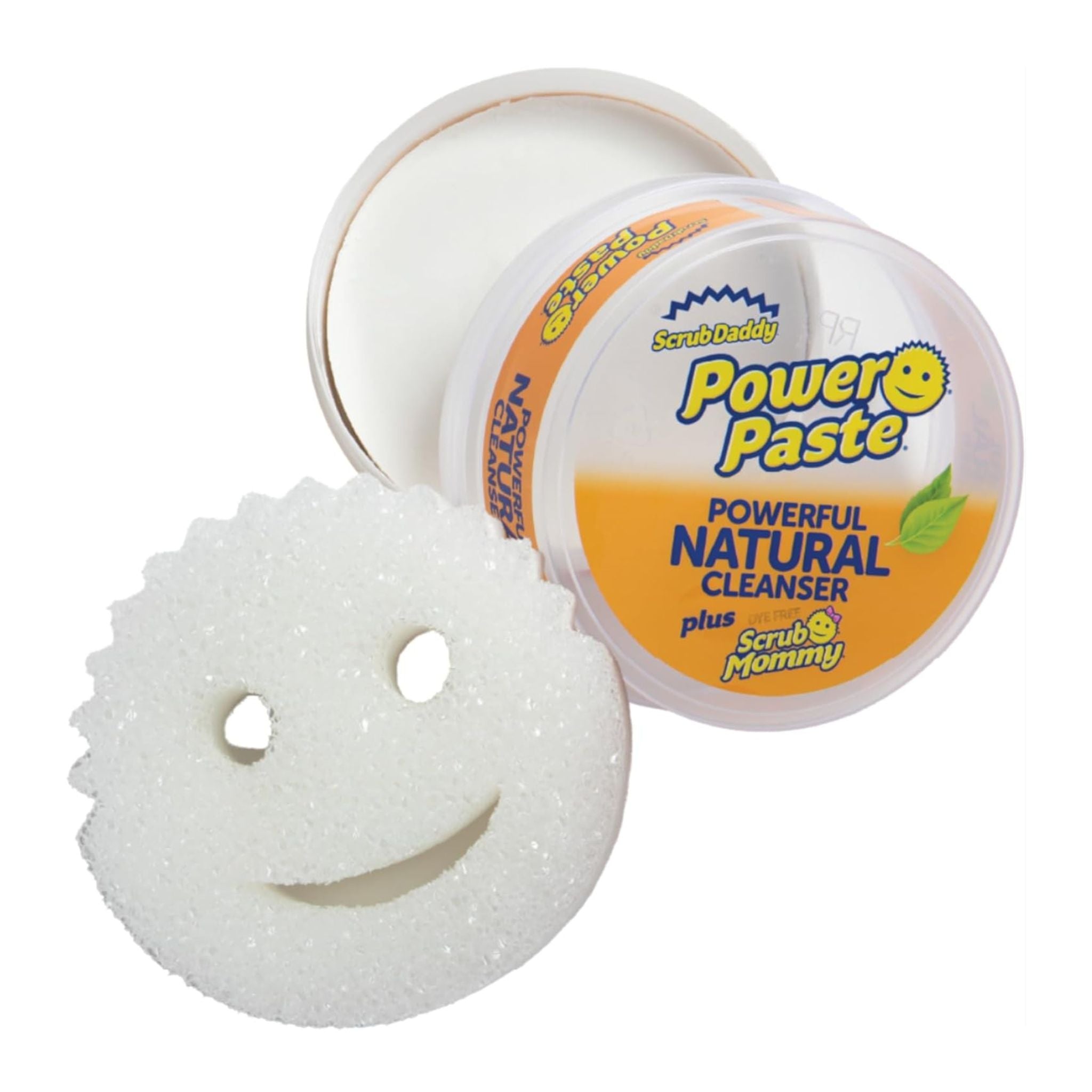 Scrub Daddy Power Paste shown with biodegradable label and Scrub Mommy on white background