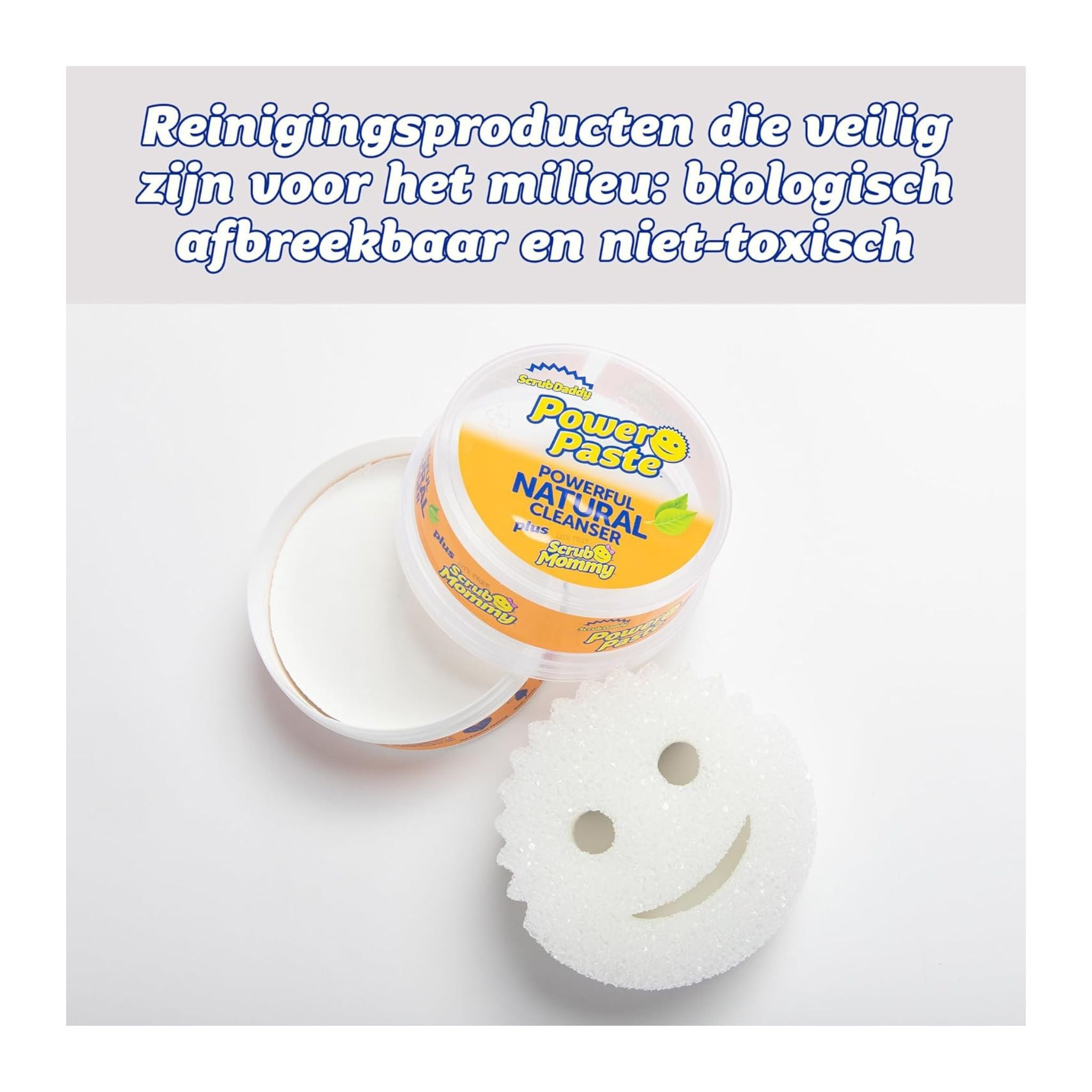 Scrub Daddy Power Paste and Scrub Mommy kit with labeled cleaning uses