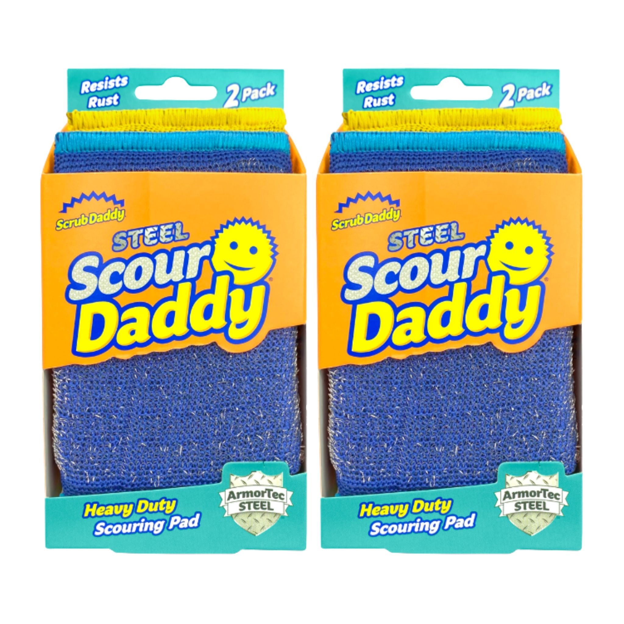Two packages of Steel Scour Daddy heavy-duty scouring pads on a white background