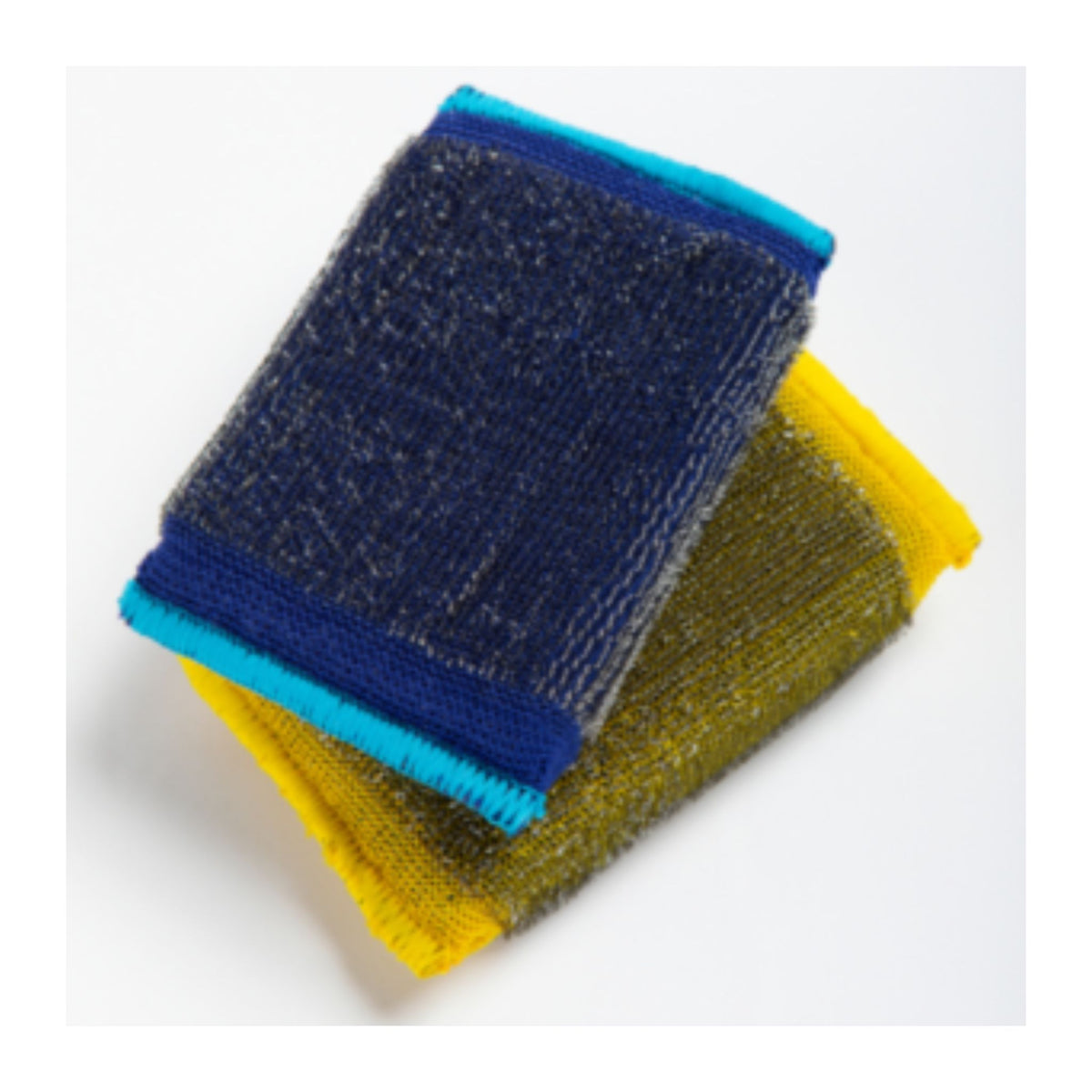 Two scrubber pads, one blue and one yellow, on a white background