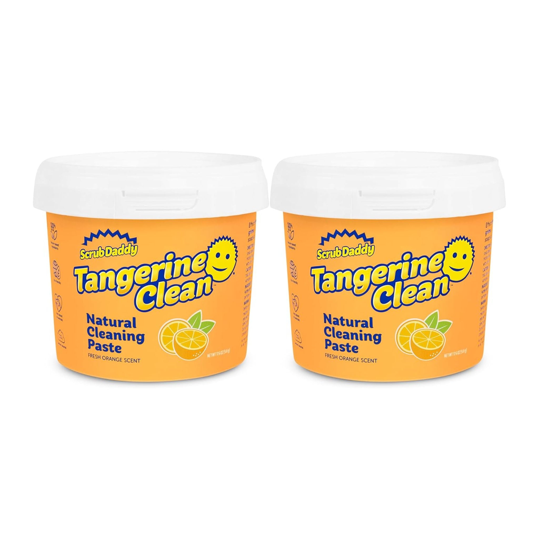 Two containers of Scrub Daddy Tangerine Clean natural cleaning paste on a white background