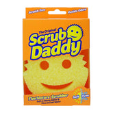 Scrub Daddy packaging with a smiley face sponge on an orange background