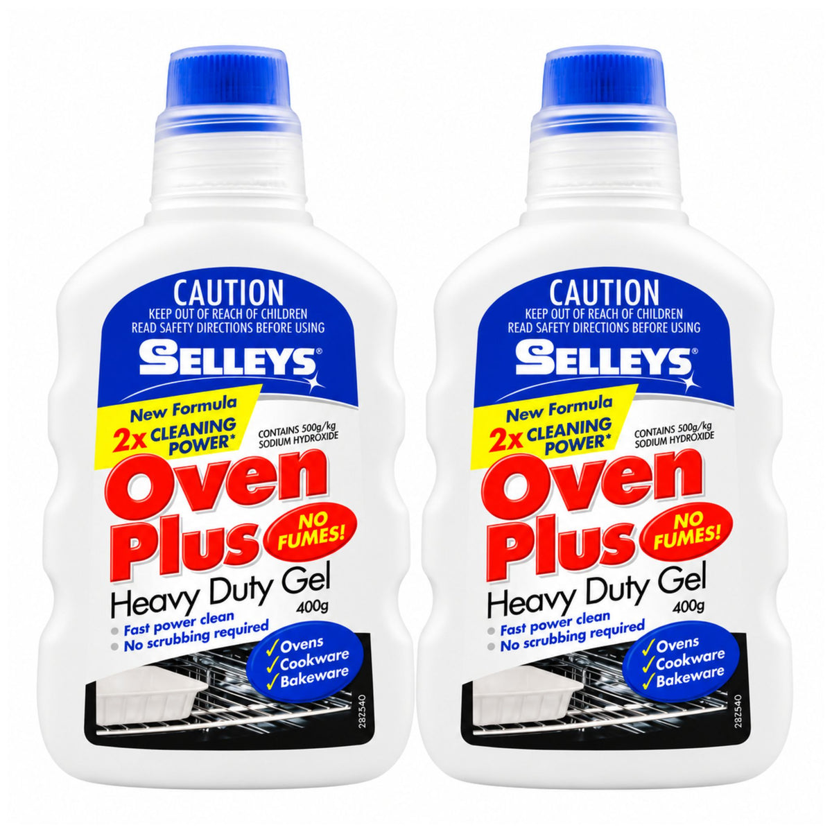 Two bottles of Selleys Oven Plus Heavy Duty Gel shown side by side on a plain white background. The bottles are white with blue caps and feature a colorful label with blue, yellow, and red text.