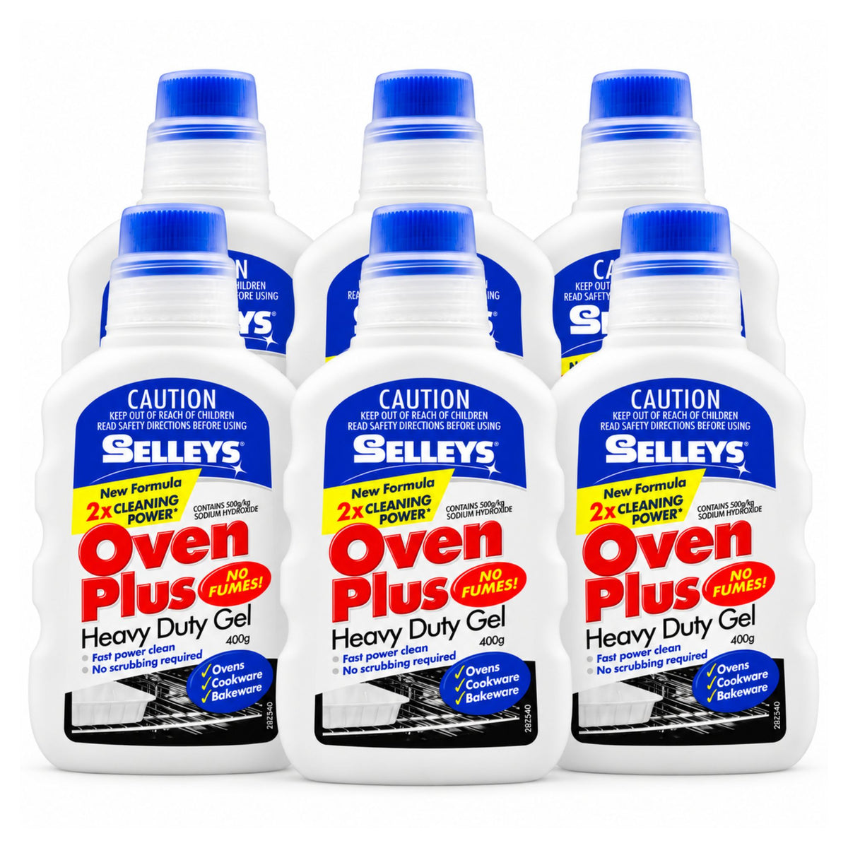 Six bottles of Selleys Oven Plus Heavy Duty Gel arranged in two rows of three on a plain white background.