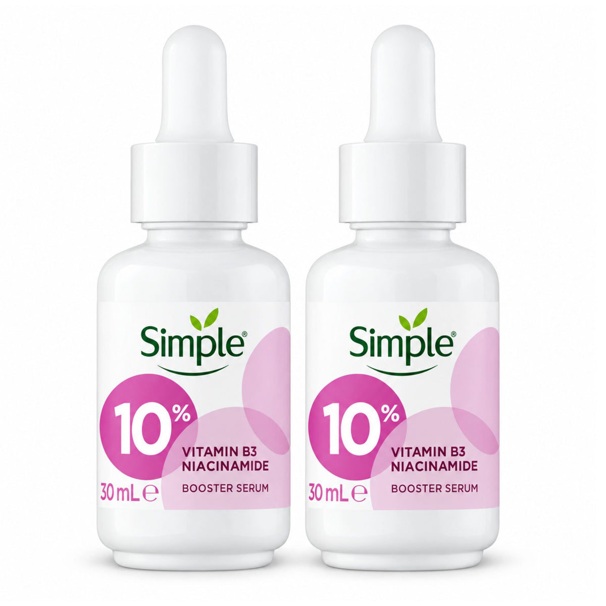 Two white dropper bottles of Simple 10% Vitamin B3 Niacinamide Booster Serum, 30 mL each, shown side by side on a white background.