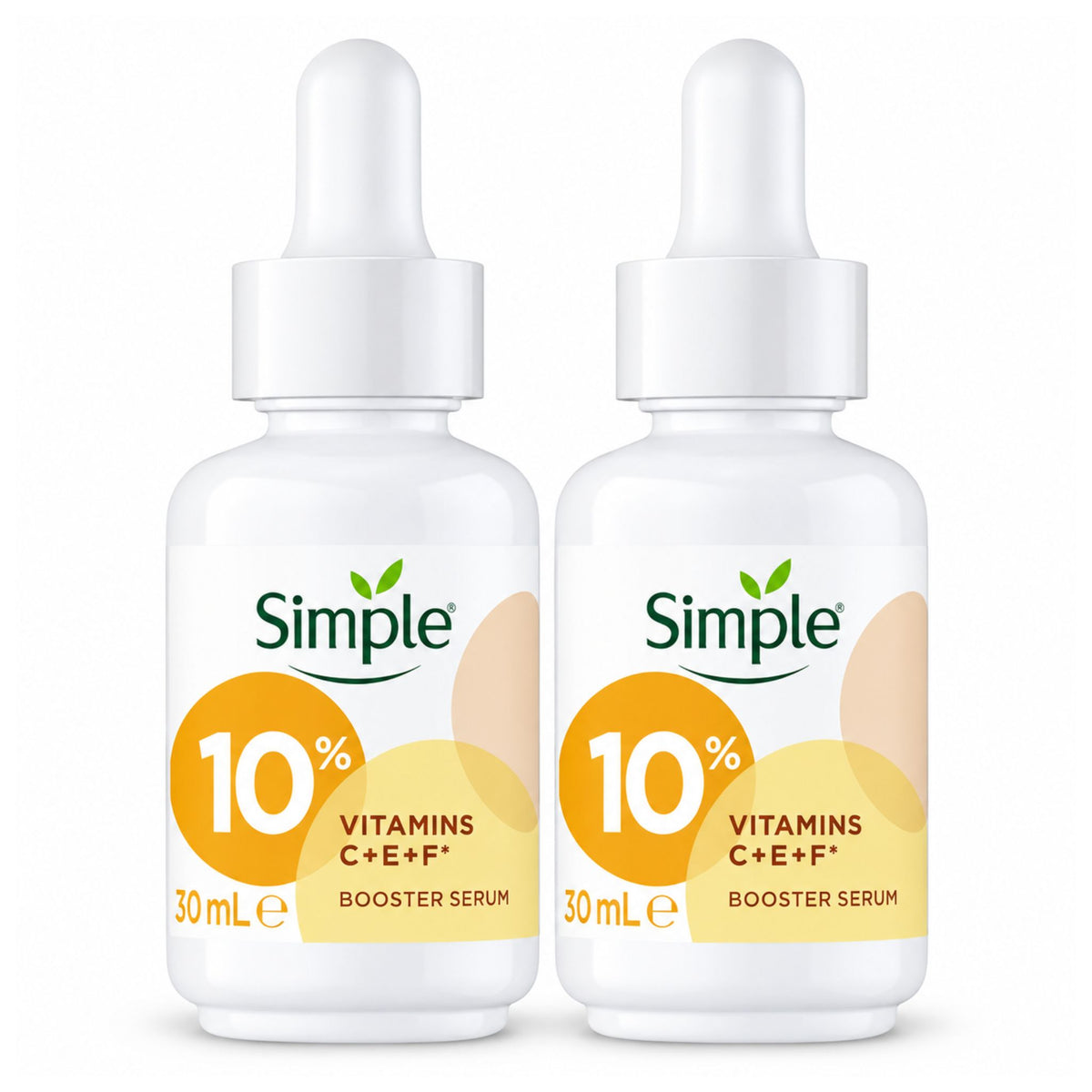 Two white dropper bottles of Simple 10% Vitamins C+E+F Booster Serum, 30 mL each, shown side by side on a white background.