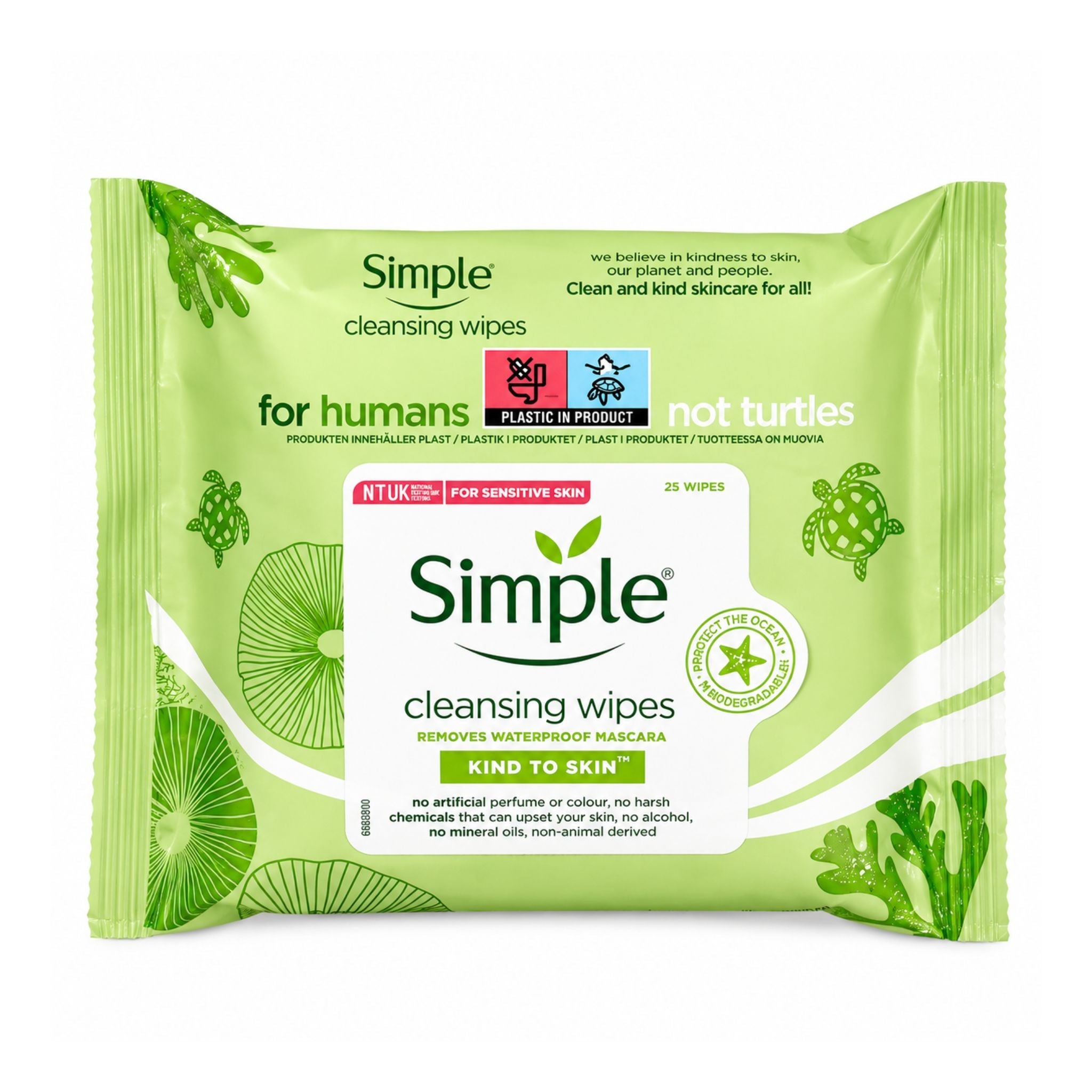 Green package of Simple cleansing wipes with branding and product information.